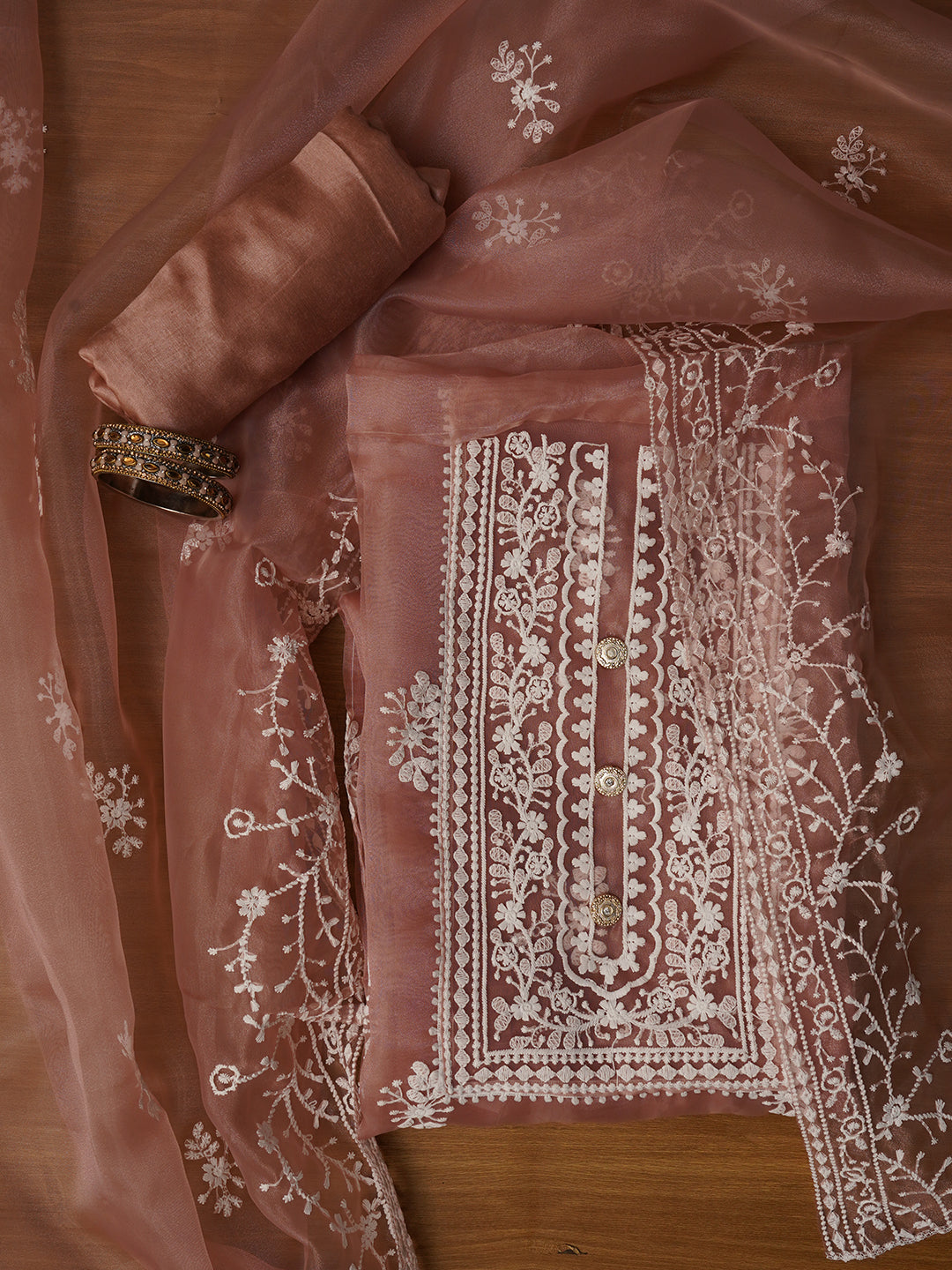 Unstitched Peach Embroidered Organza Dress Material With Dupatta