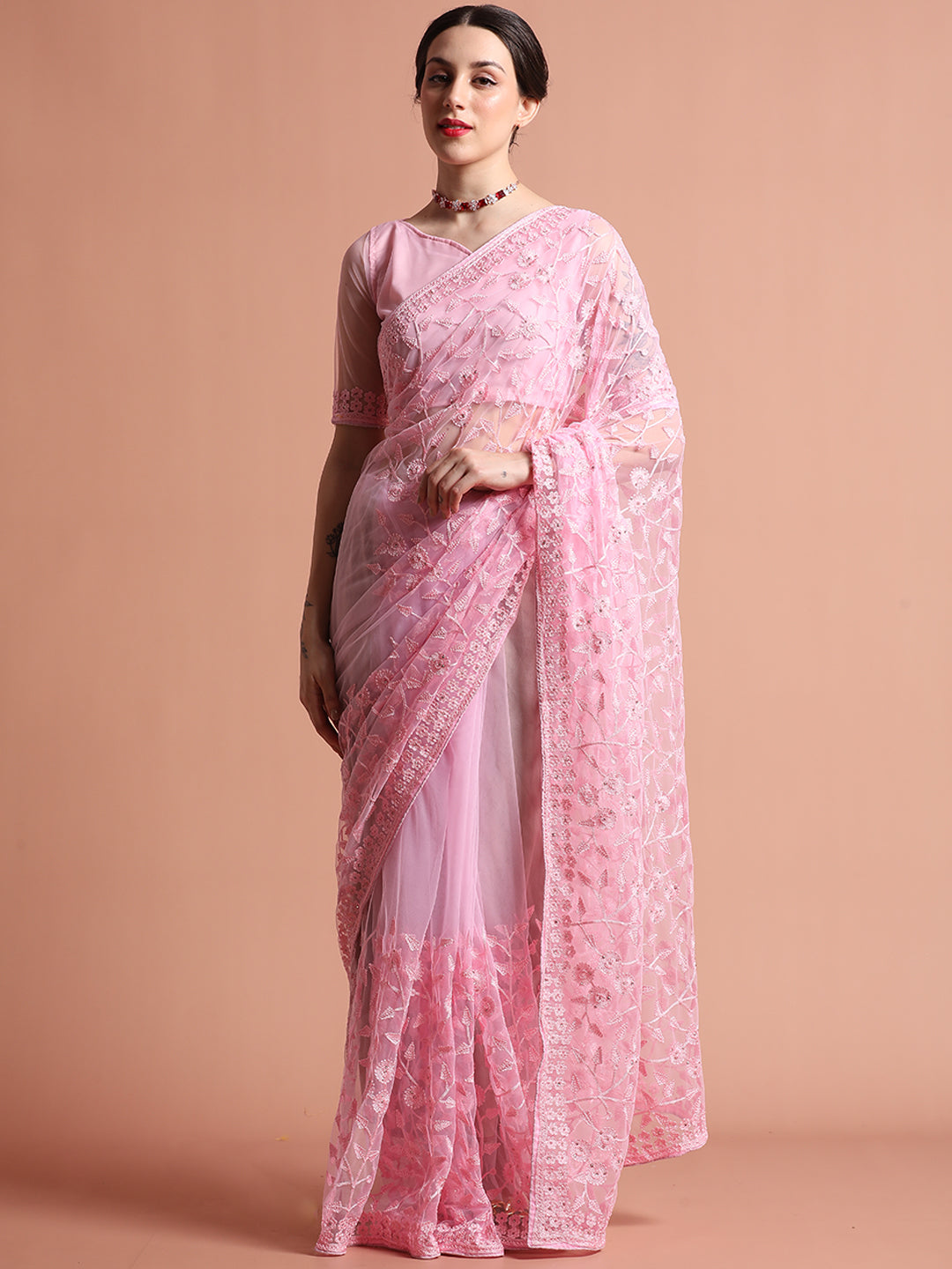 Party Wear Floral Embroidered Net Pink Saree