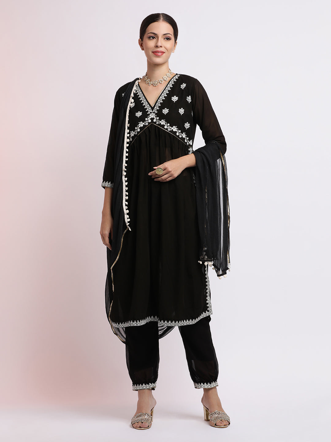 Black Embroidered Georgette Kurta Set With Dupatta