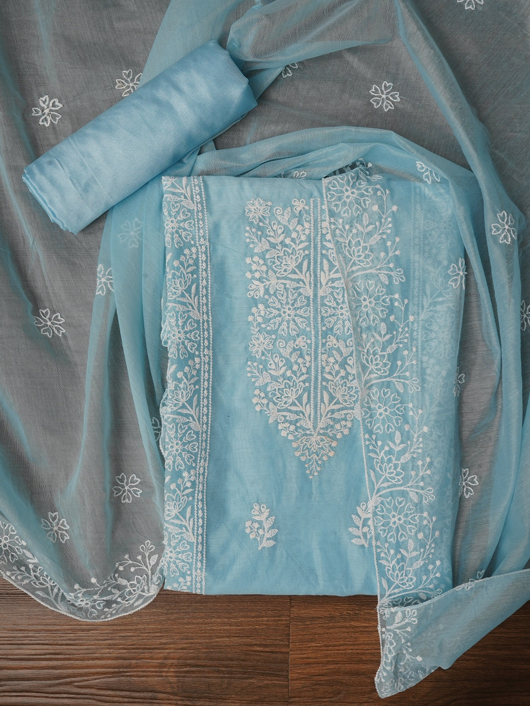 Zari Embroidered Organza Sky Blue Dress Material with Dupatta