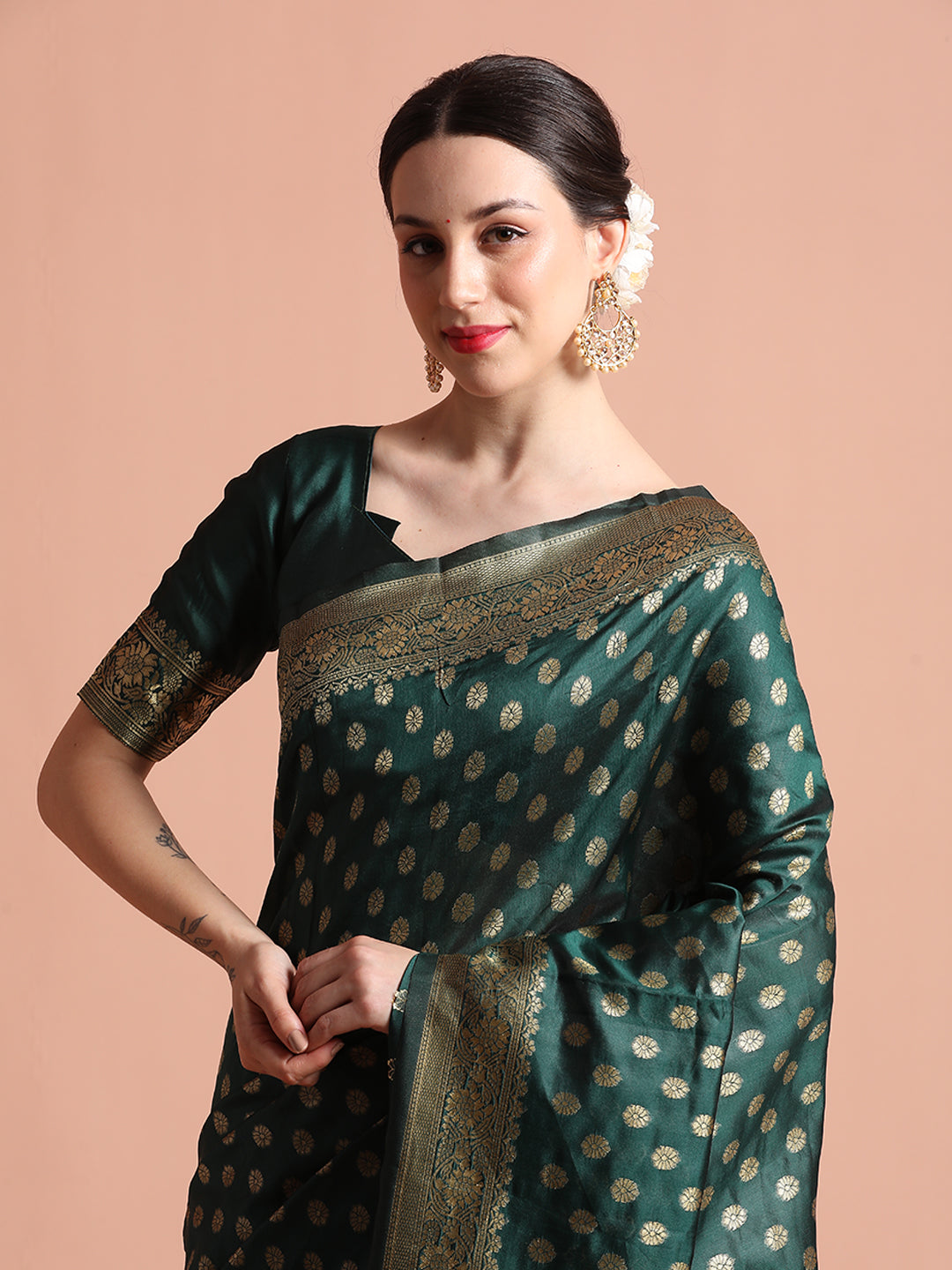 Green Heavy Banarasi Zari Woven Silk Blend Saree