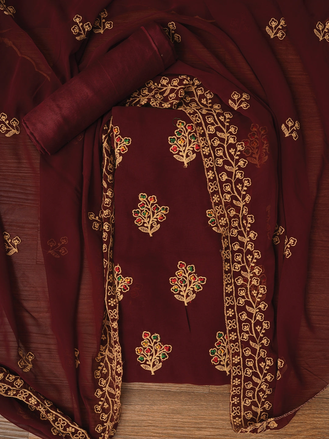 Zari Silk Georgette Maroon Dress Material with Dupatta