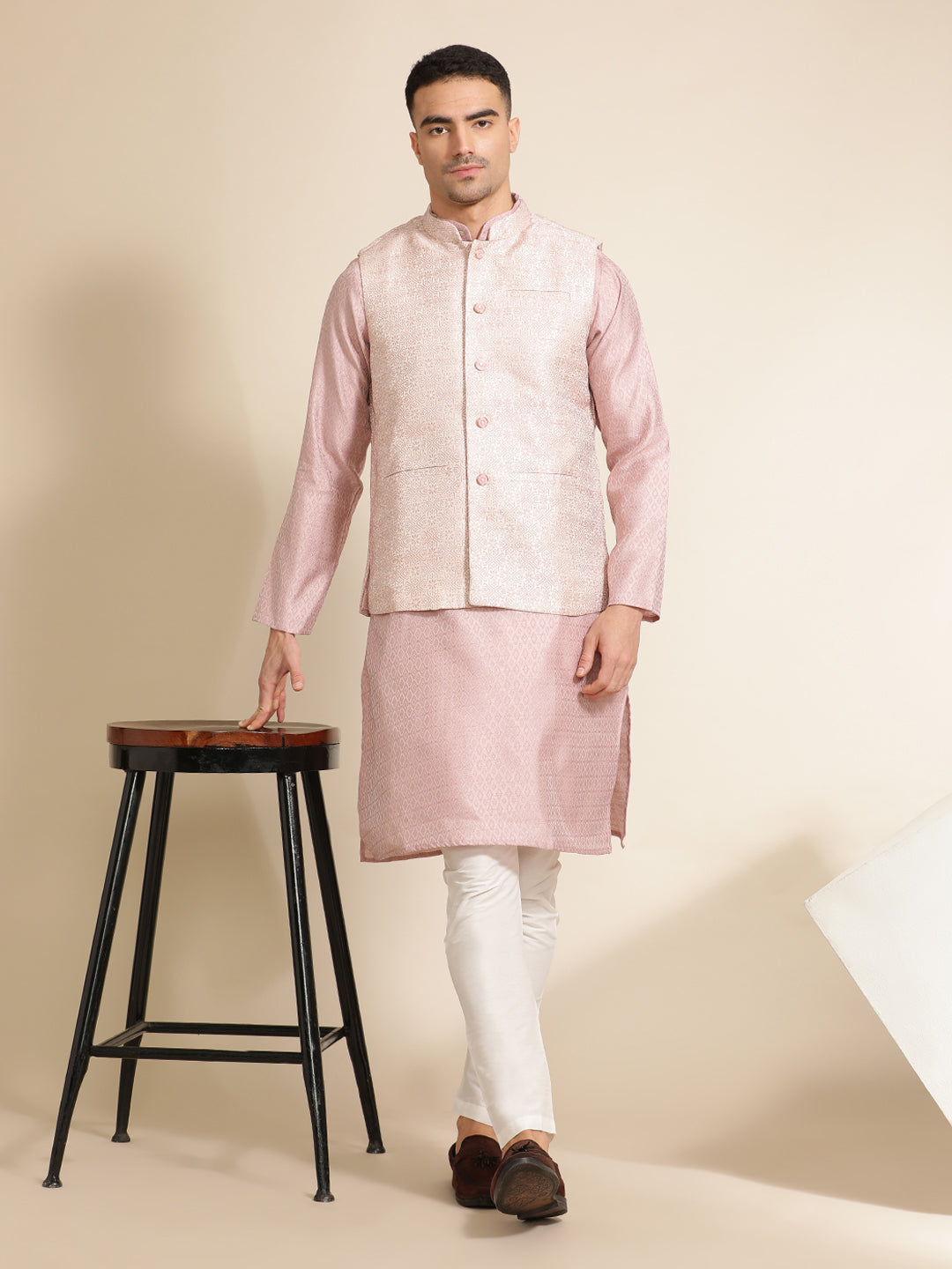 Onion Pink Silk Blend Kurta With Woven Design Nehru Jacket Set