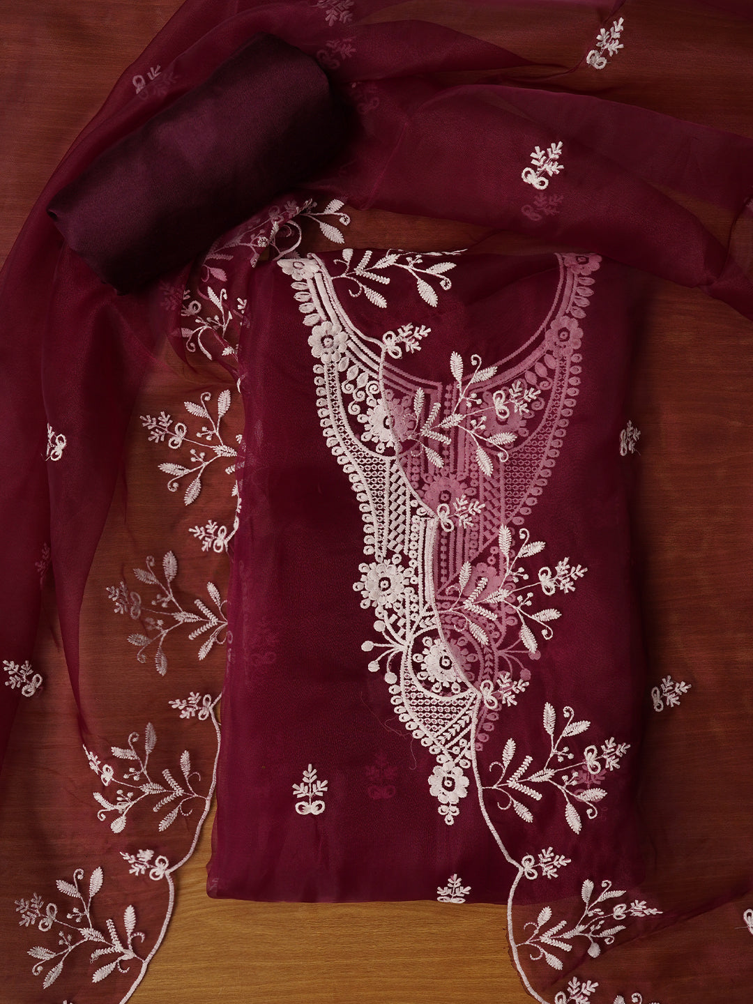 Purple Embroidered Organza Dress Material with Dupatta