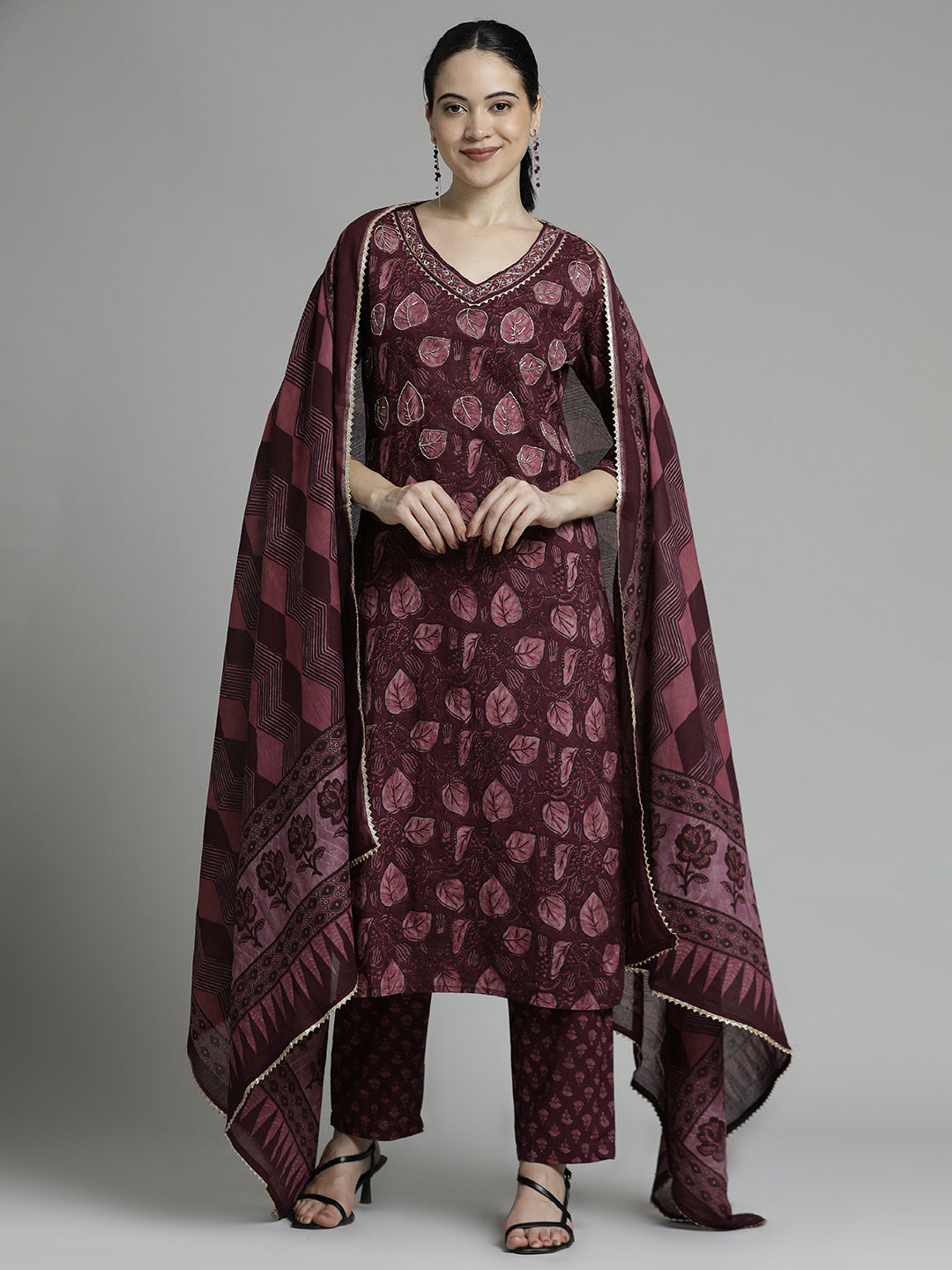 Ethnic Printed Cotton Red Kurta Set With Dupatta