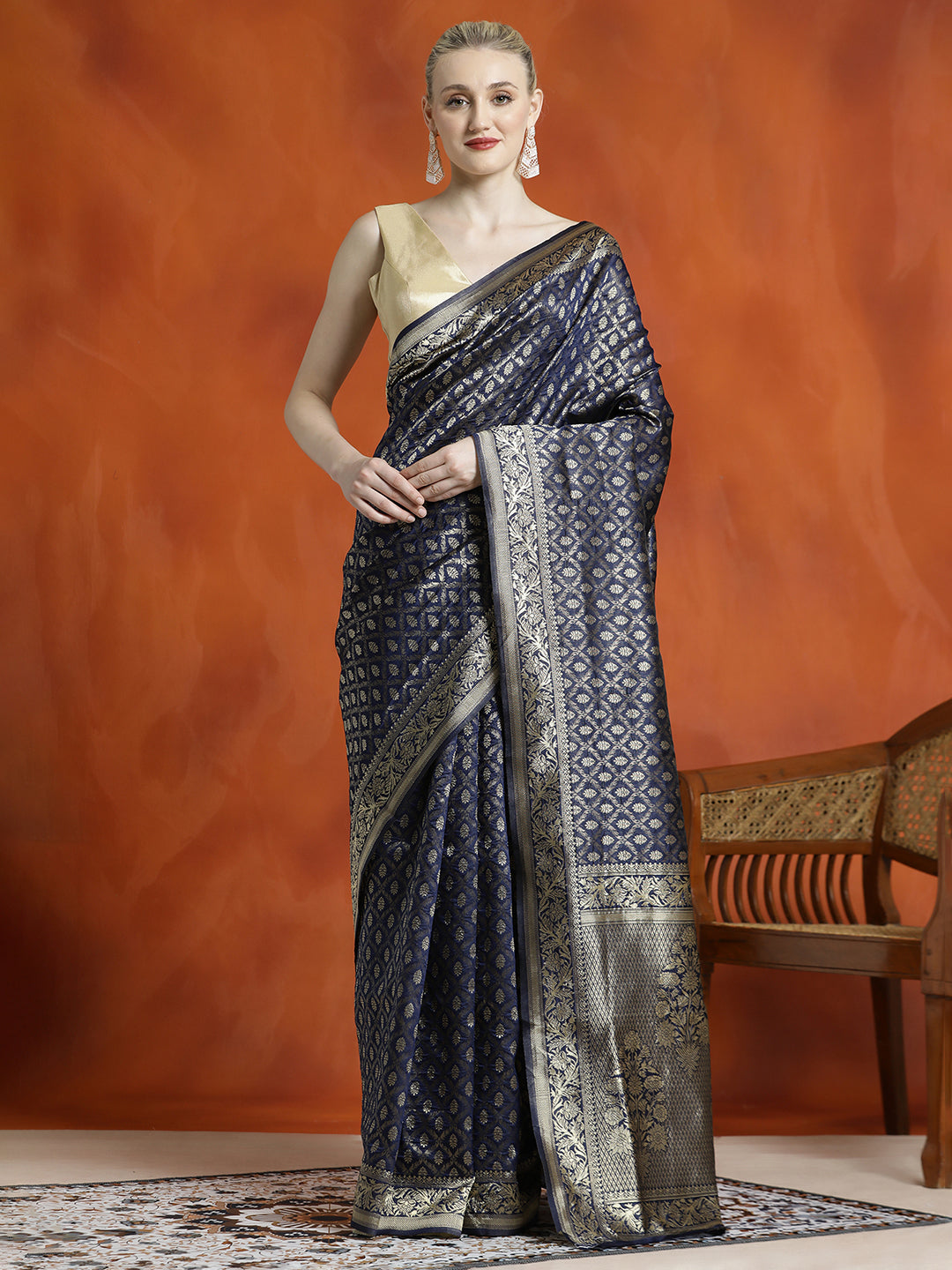 Navy Blue Silk Banarasi Zari Woven Heavy Saree