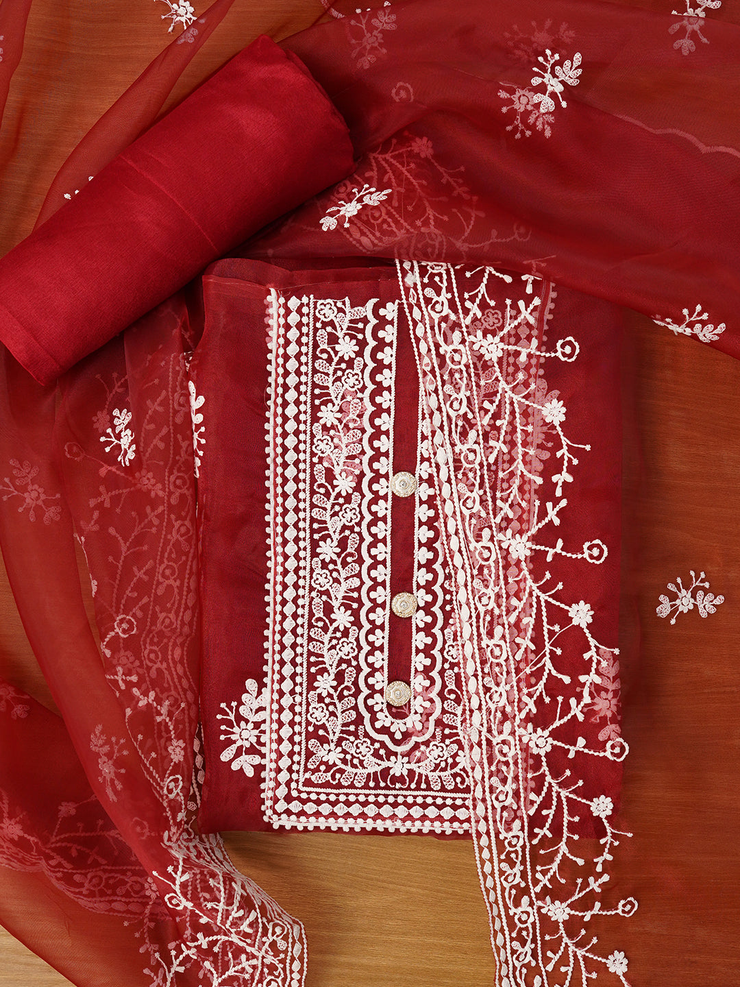 Maroon Unstitched Embroidered Organza Dress Material With Dupatta