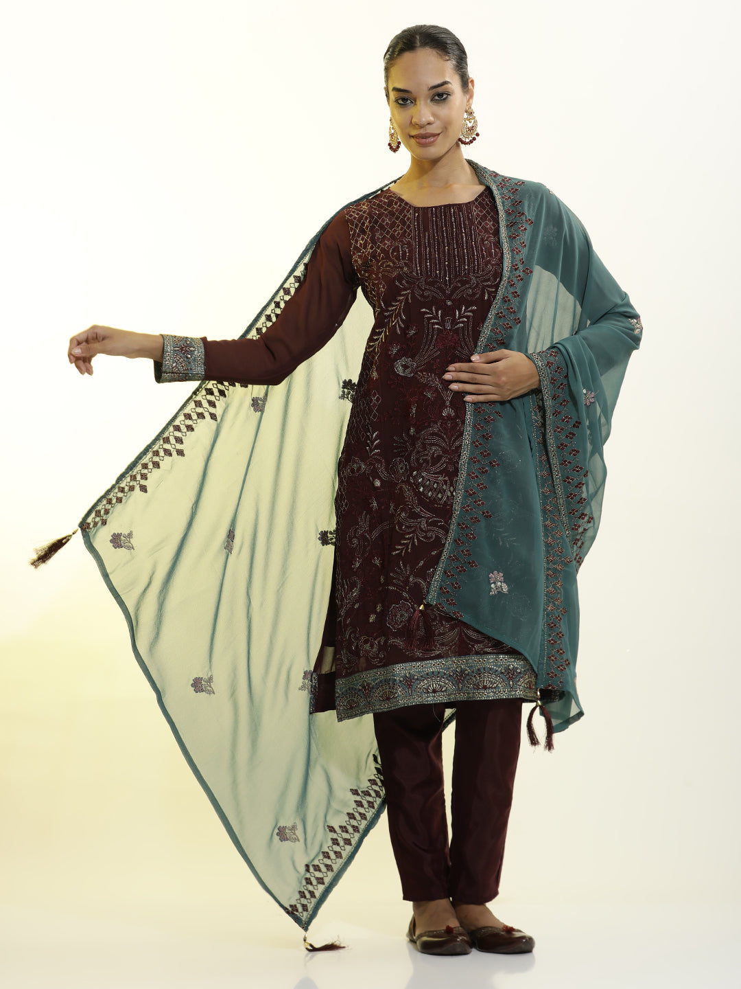 Festive Embroidered Georgette Heavy Kurta Set With Dupatta