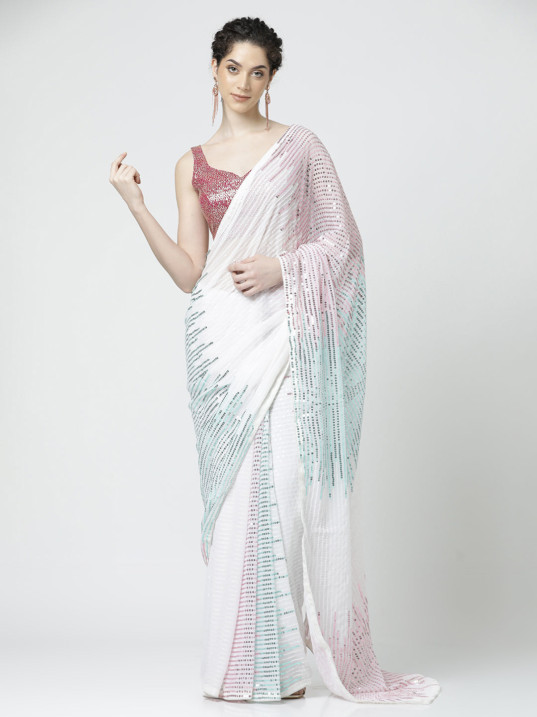 White Georgette Sequin Embroidered Party Wear Saree