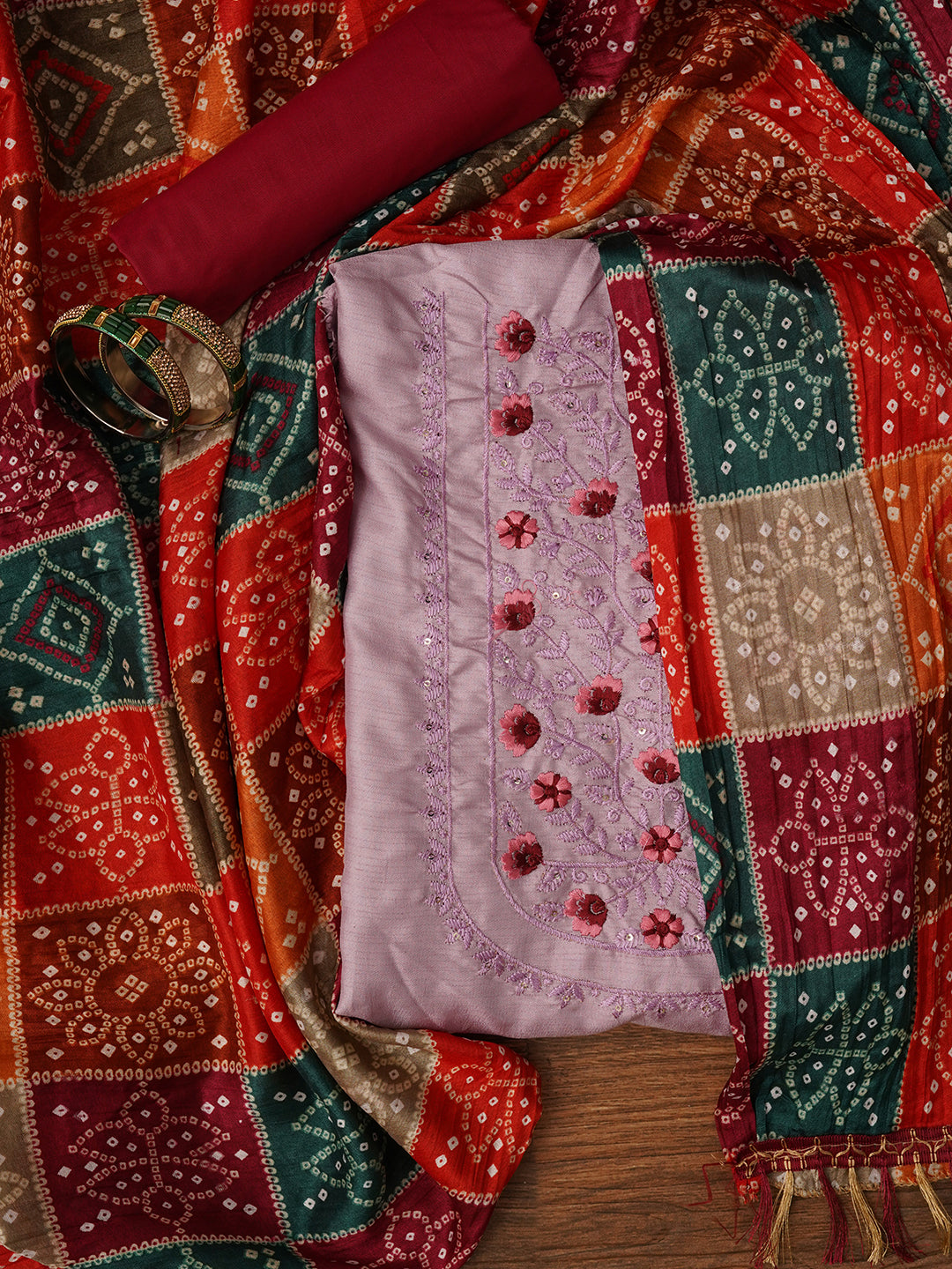 Lavender Unstitched Printed Pure Cotton Dress Material With Dupatta