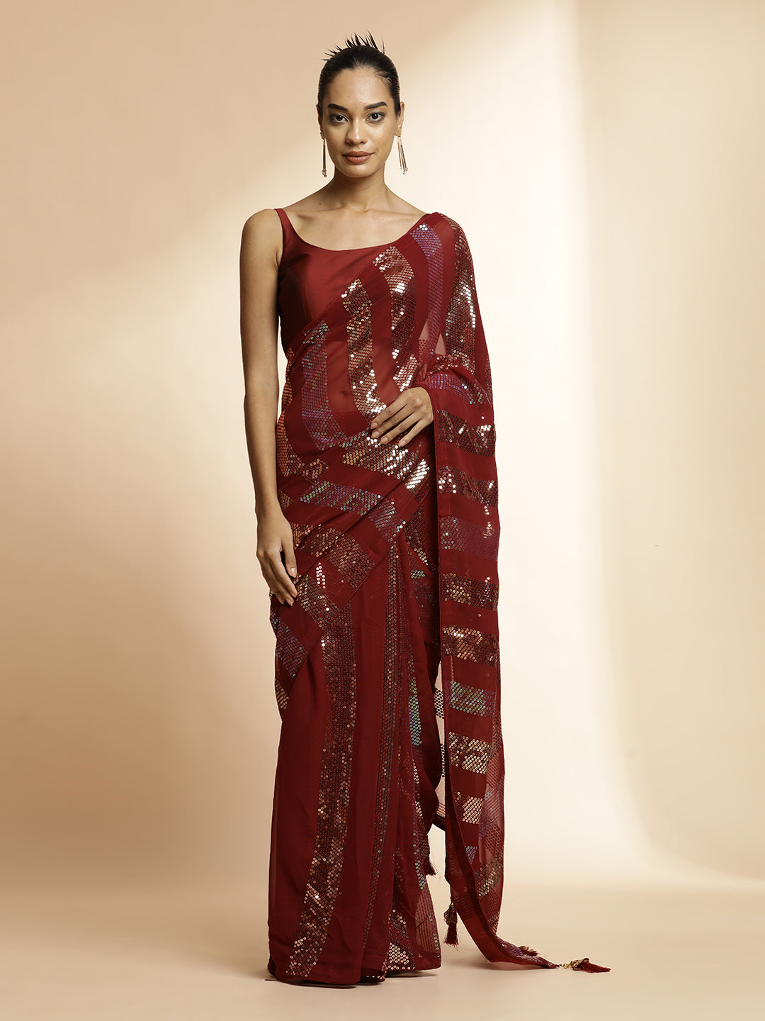 Pure Georgette Sequin Work Heavy Red Saree