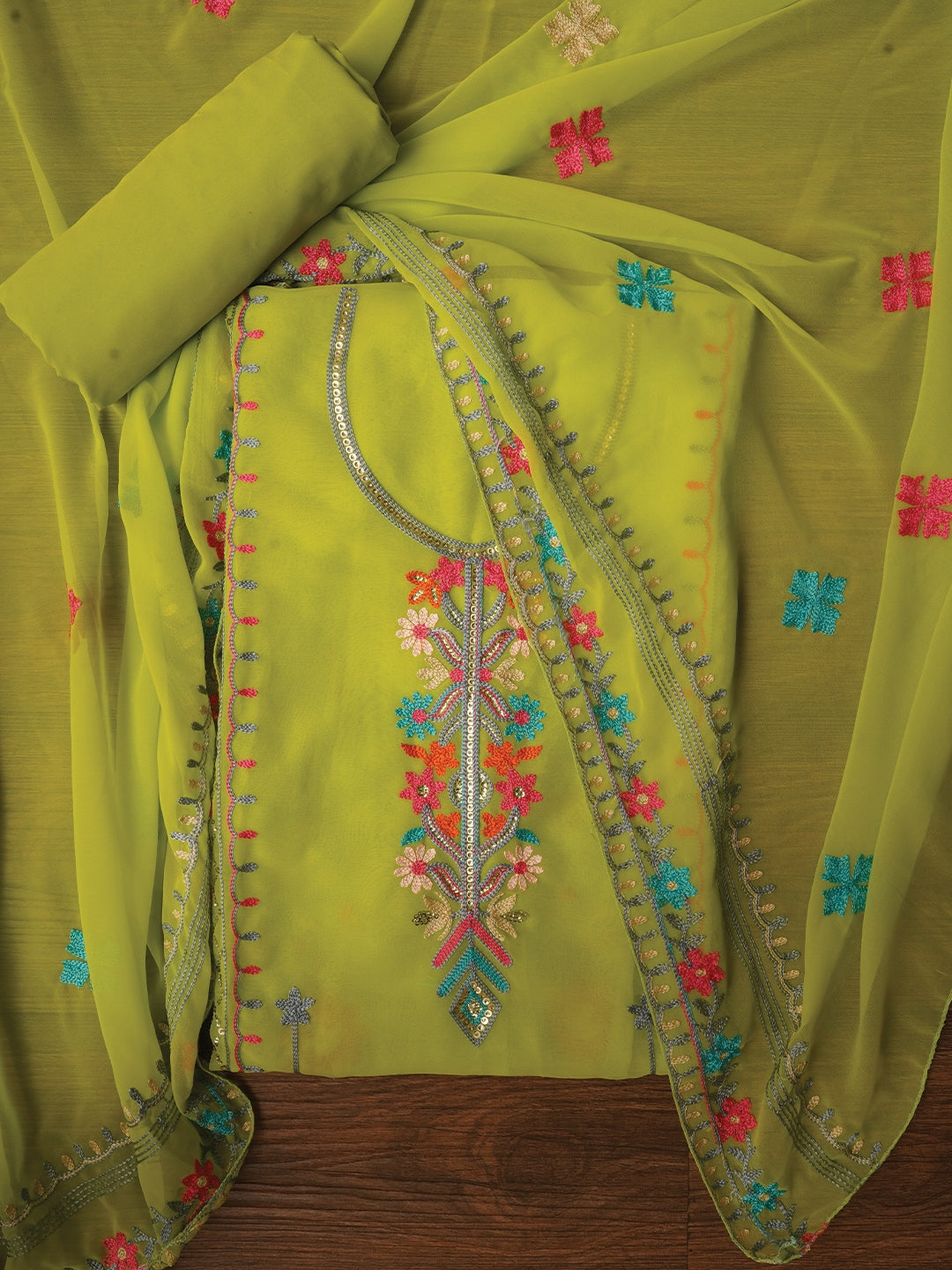 Light Green Sequin Embroidered Silk Georgette Dress Material with Dupatta