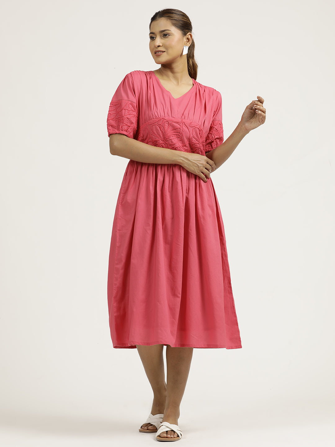 Pink Dori Embroidered Gathered Cotton Dress