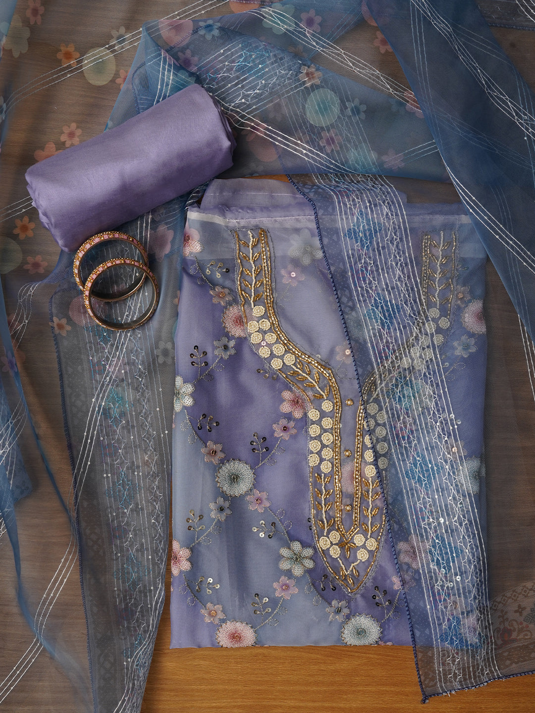 Sequin Embellished Organza Purple Dress Material with Dupatta