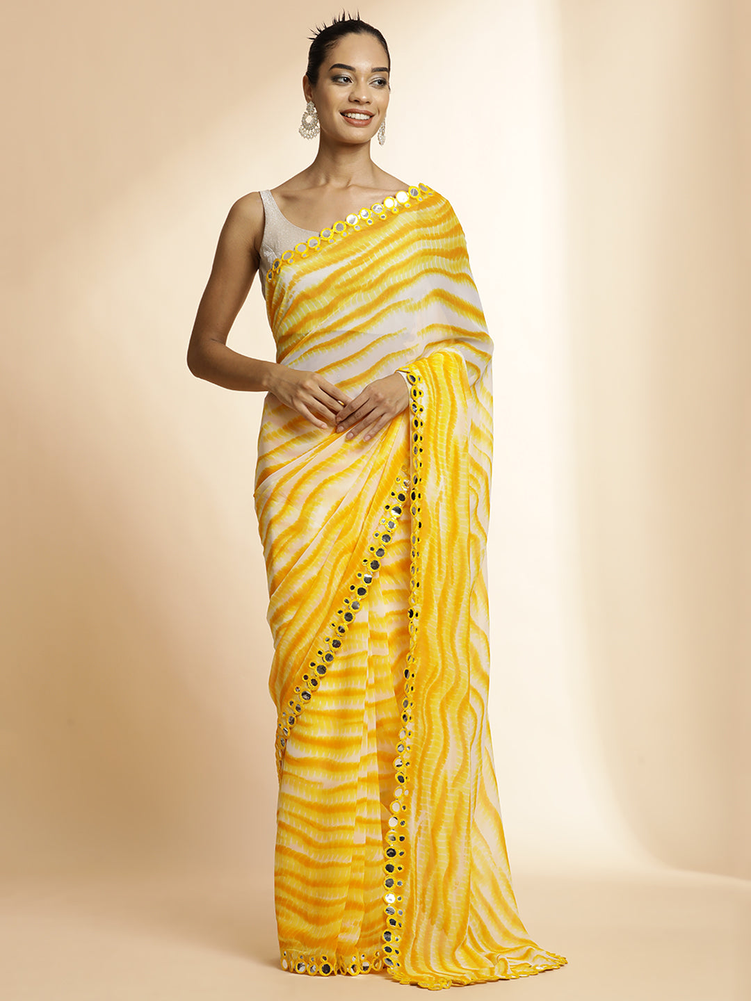 Yellow Pure Georgette Leheriya Mirror Work Saree