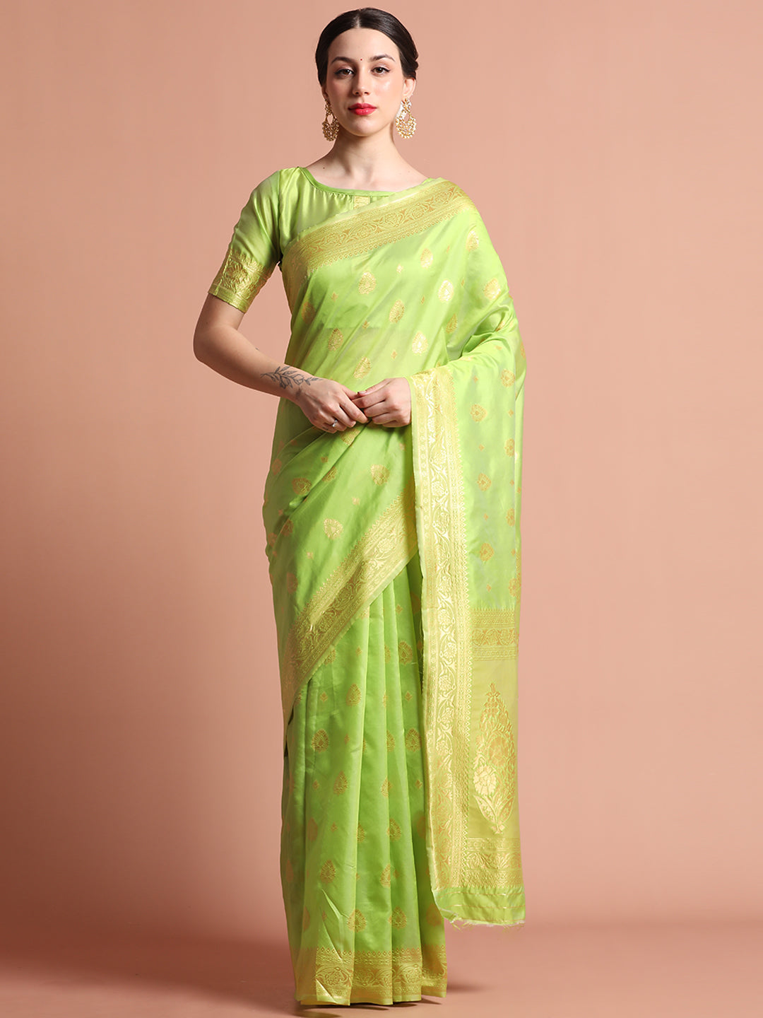 Heavy Banarasi Pista Green Zari Woven Silk Blend Saree