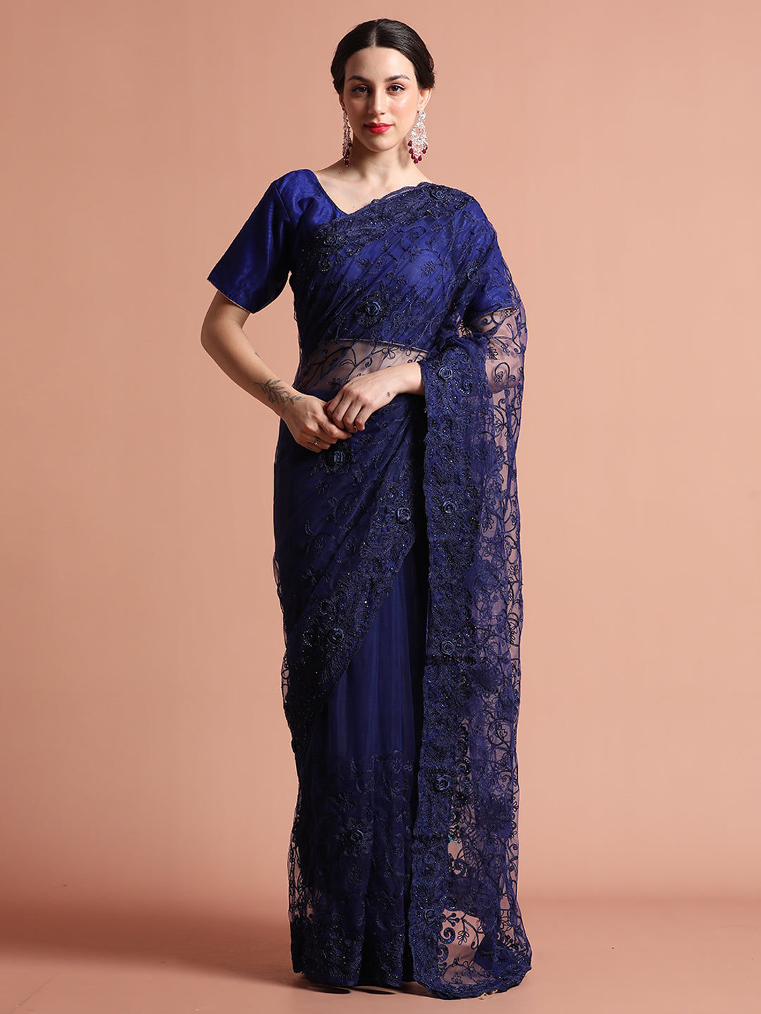 Navy Blue Embroidered Net Party Wear Saree