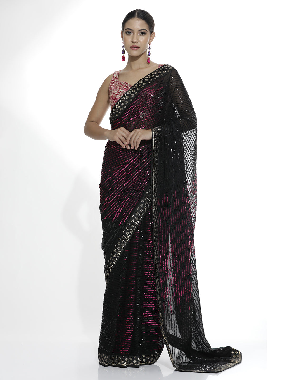 Pure Georgette Pink Sequin Party Wear Saree