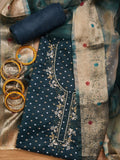 Unstitched Green Silk Blend Embellished Dress Material With Dupatta