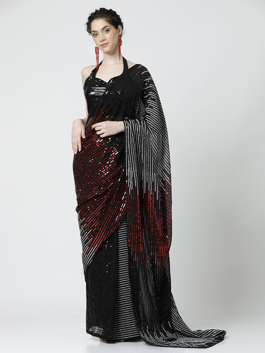 Georgette Sequin Embroidered Party Wear Black Saree