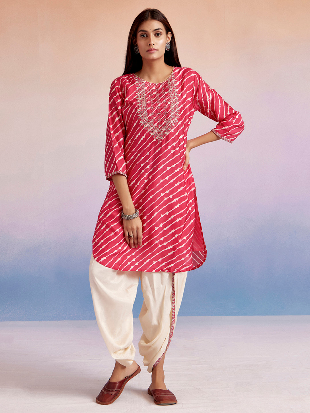 Fuchsia Embroidered Leheriya Kurta With Dhoti