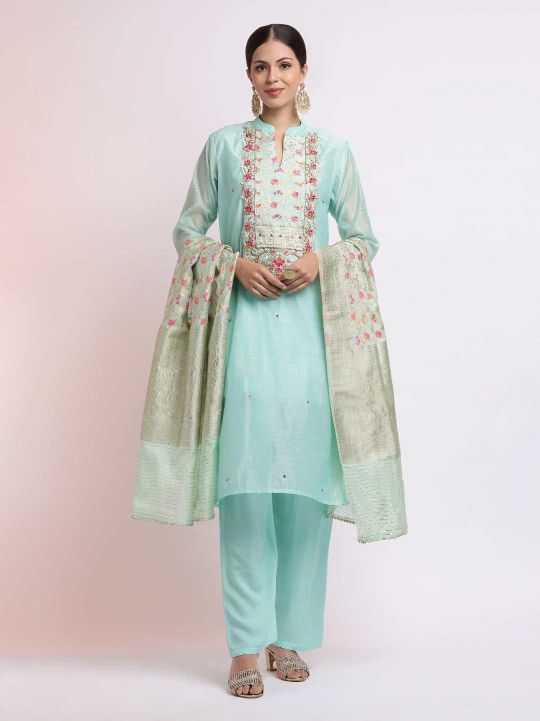 Zari Embroidered Festive Kurta Set With Dupatta