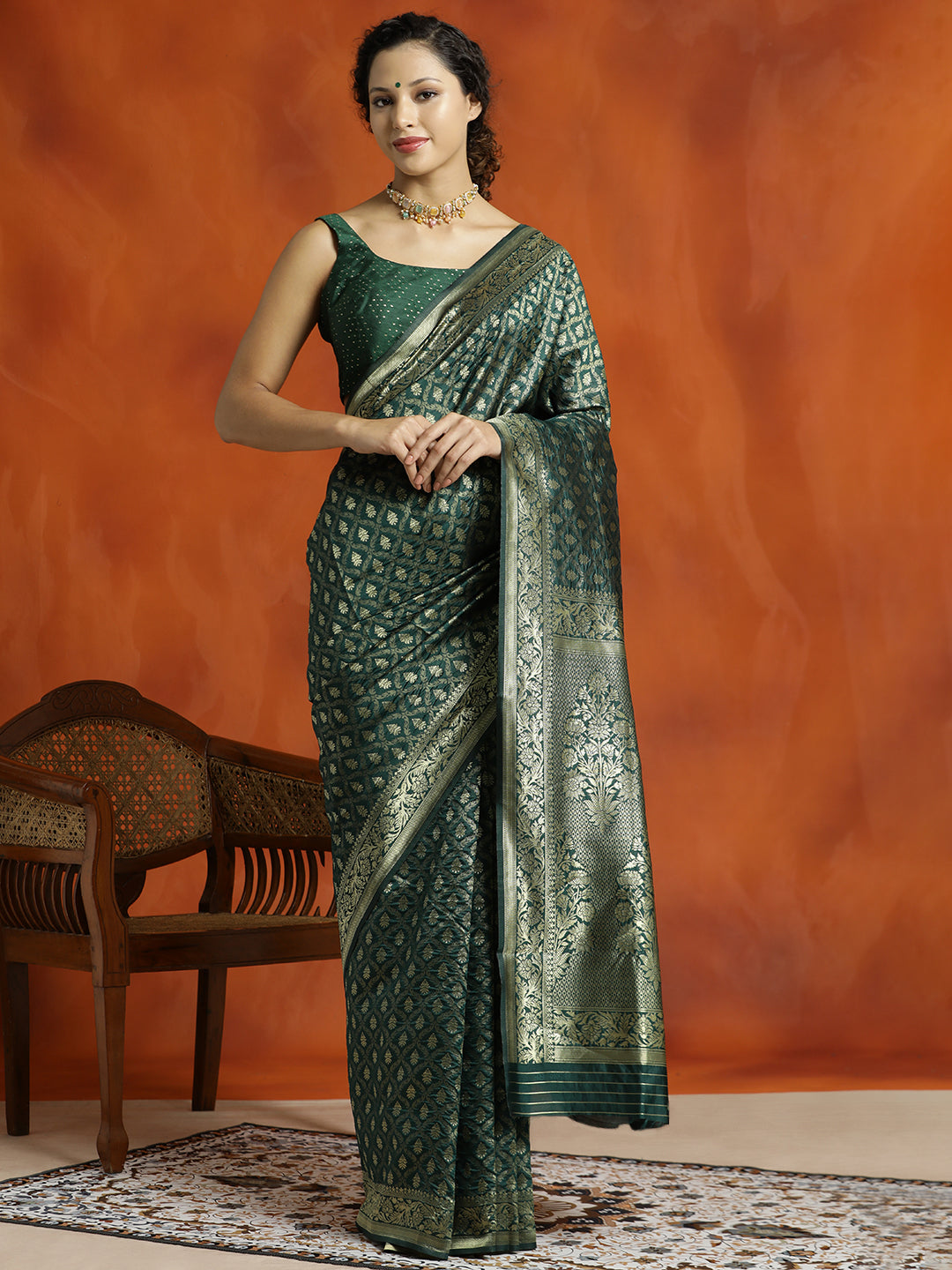 Mehandi Silk Banarasi Zari Woven Saree