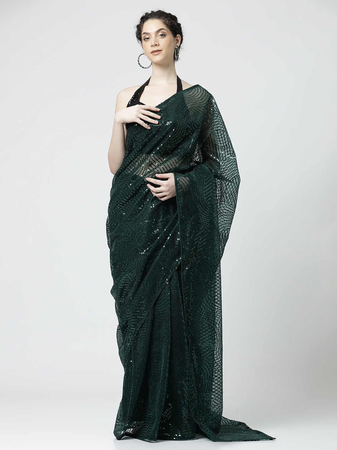 Green Sequin Embellished Georgette Saree