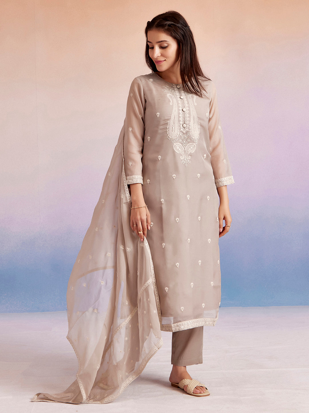 Grey Dori Embroidered Festive Kurta Set With Dupatta