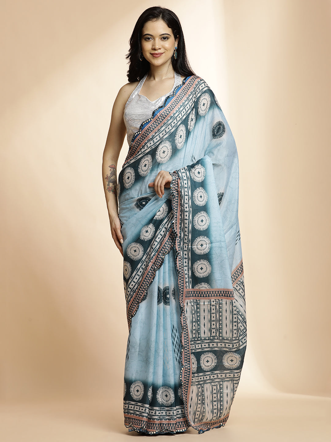 Grey Tie-Dye Printed Mirror Work Satin Saree