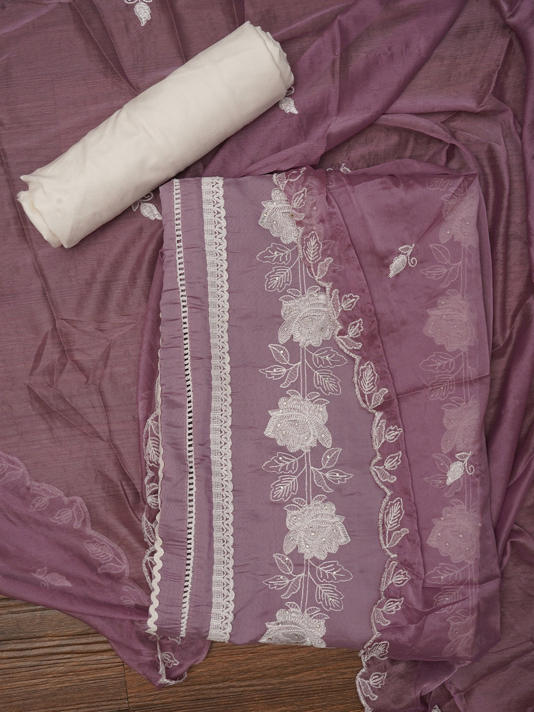 Purple Unstitched Floral Embroidery Silk Blend Dress Material with Dupatta