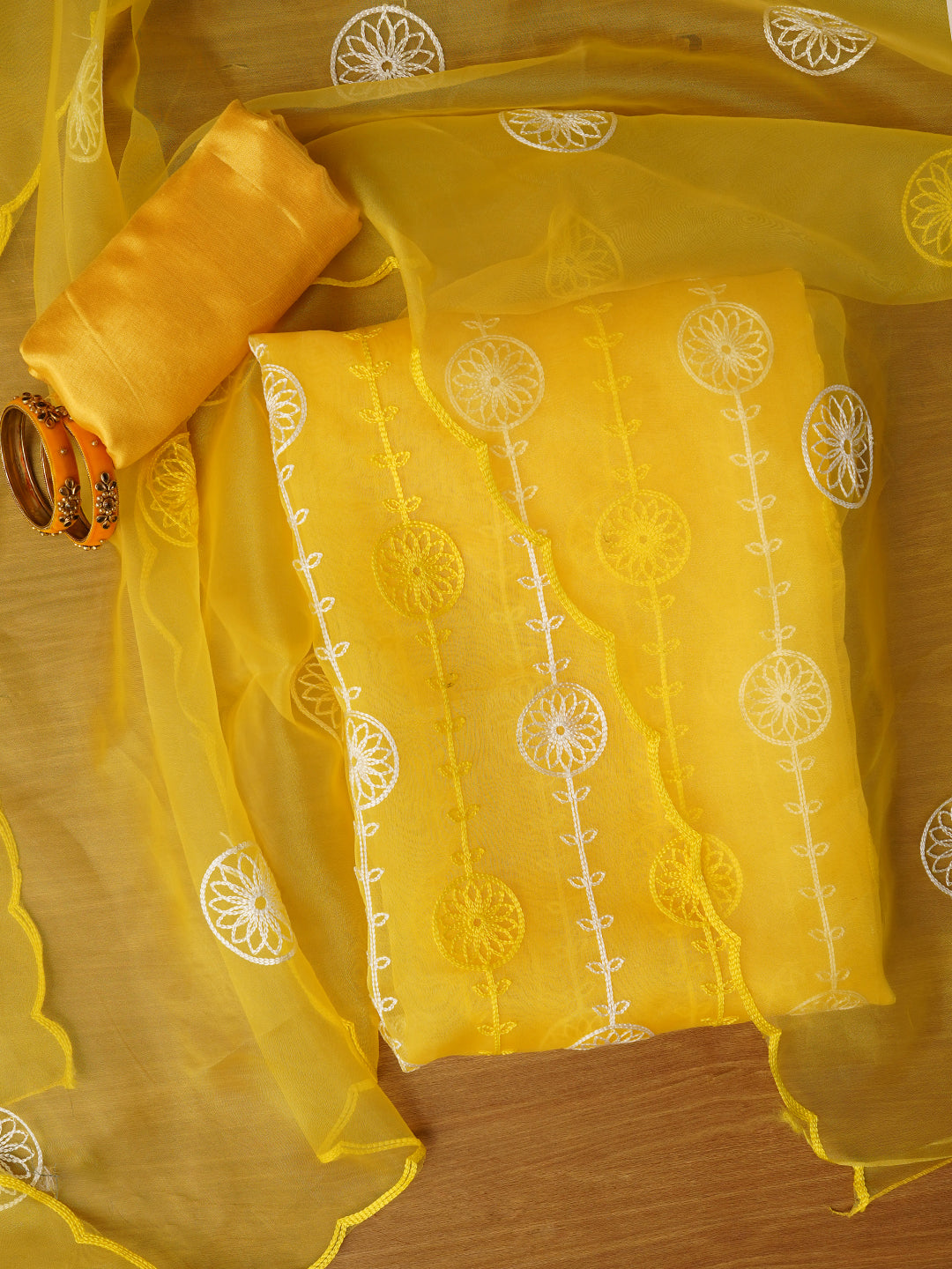 Yellow Unstitched Embroidered Organza Dress Material With Dupatta