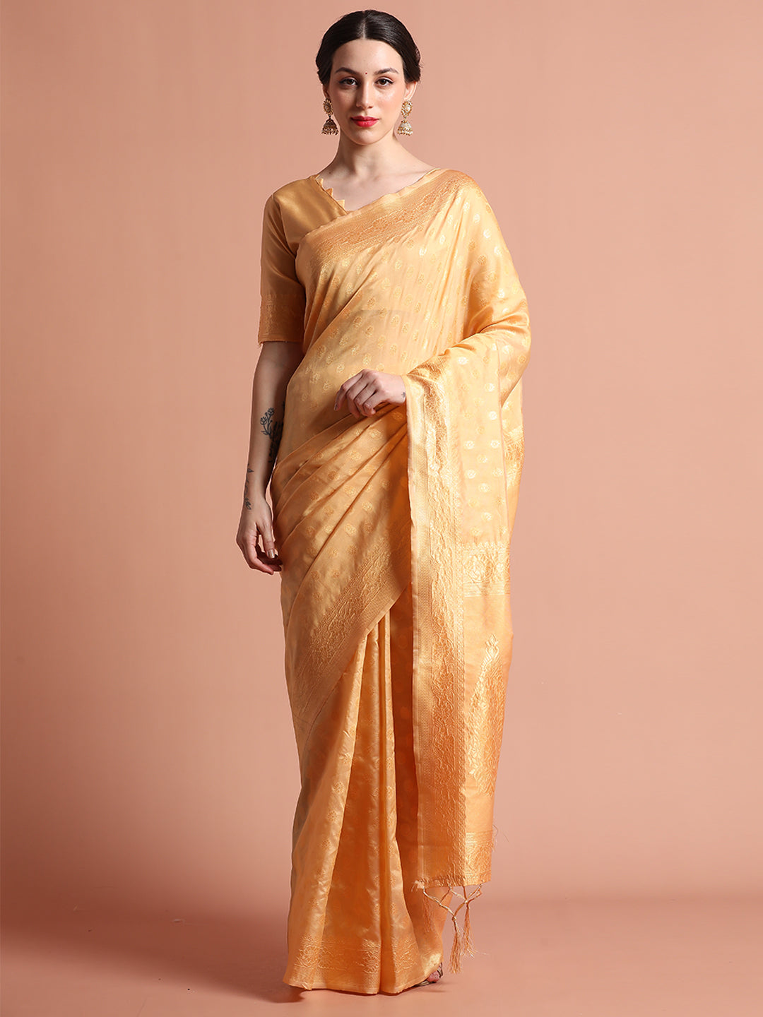 Heavy Banarasi Zari Woven Silk Blend Cream Saree