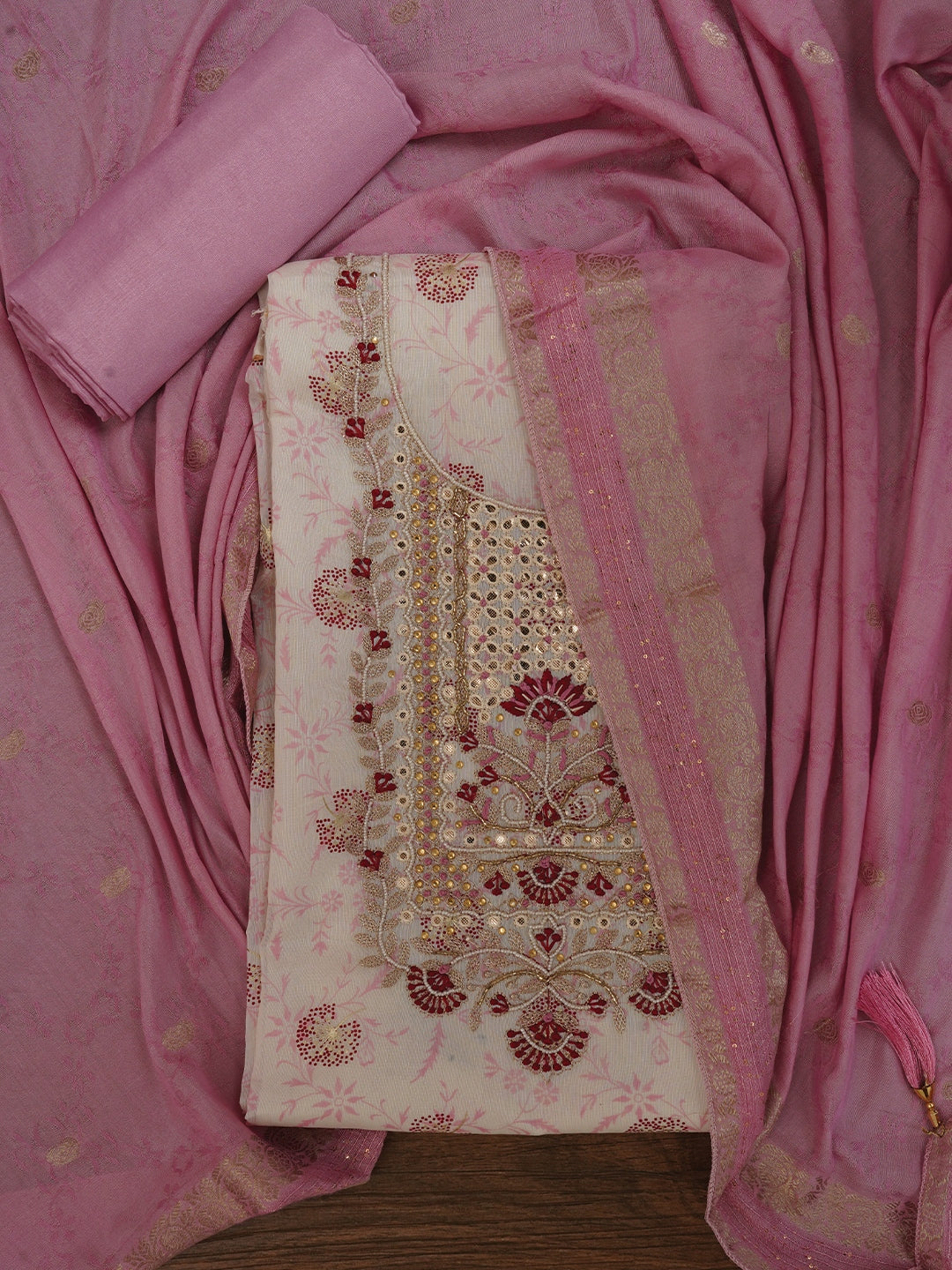 Festive Silk Blend Off White Zari Woven Dress Material With Dupatta