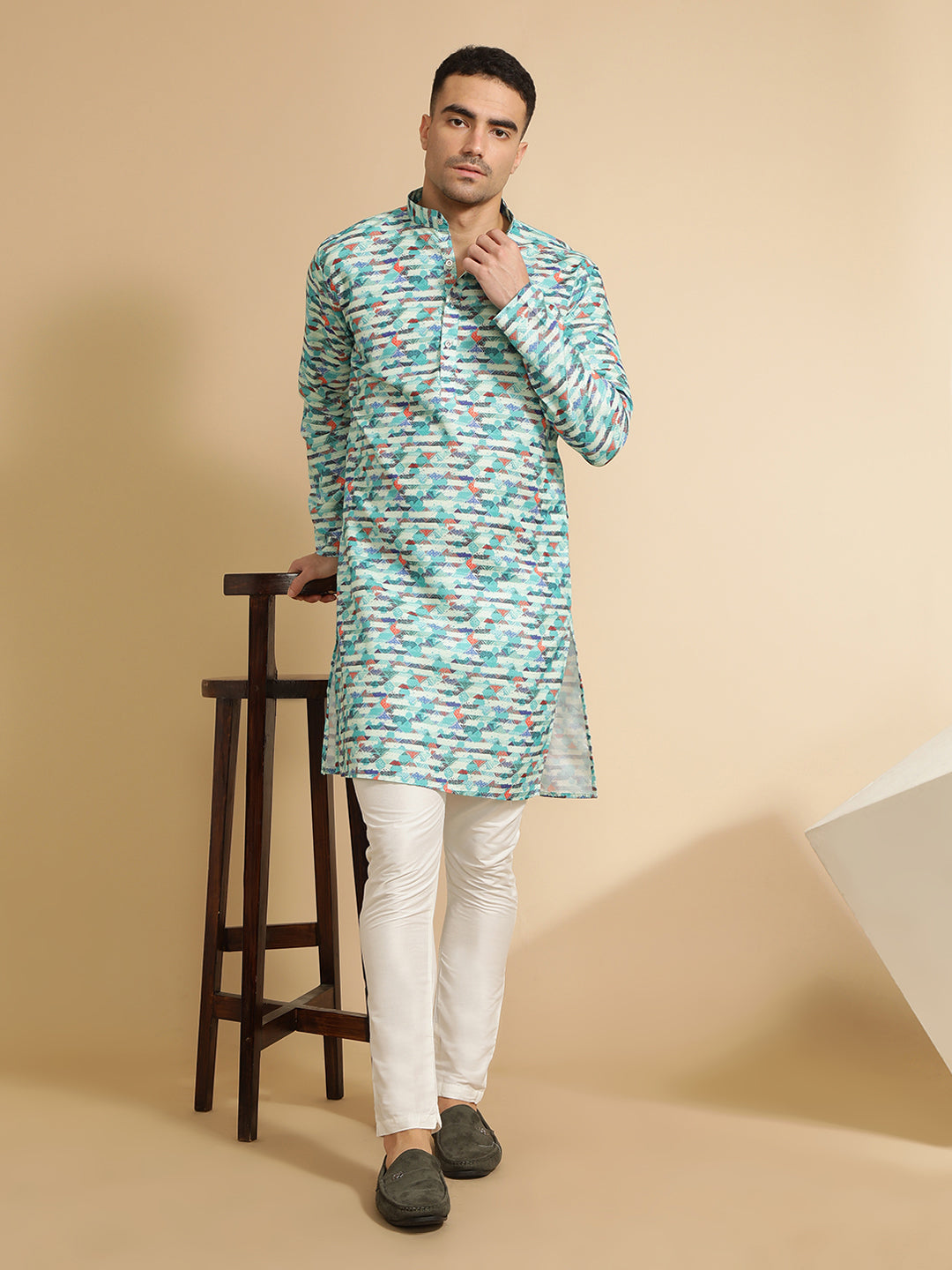 Sea Green Abstract Printed Cotton Kurta for Men