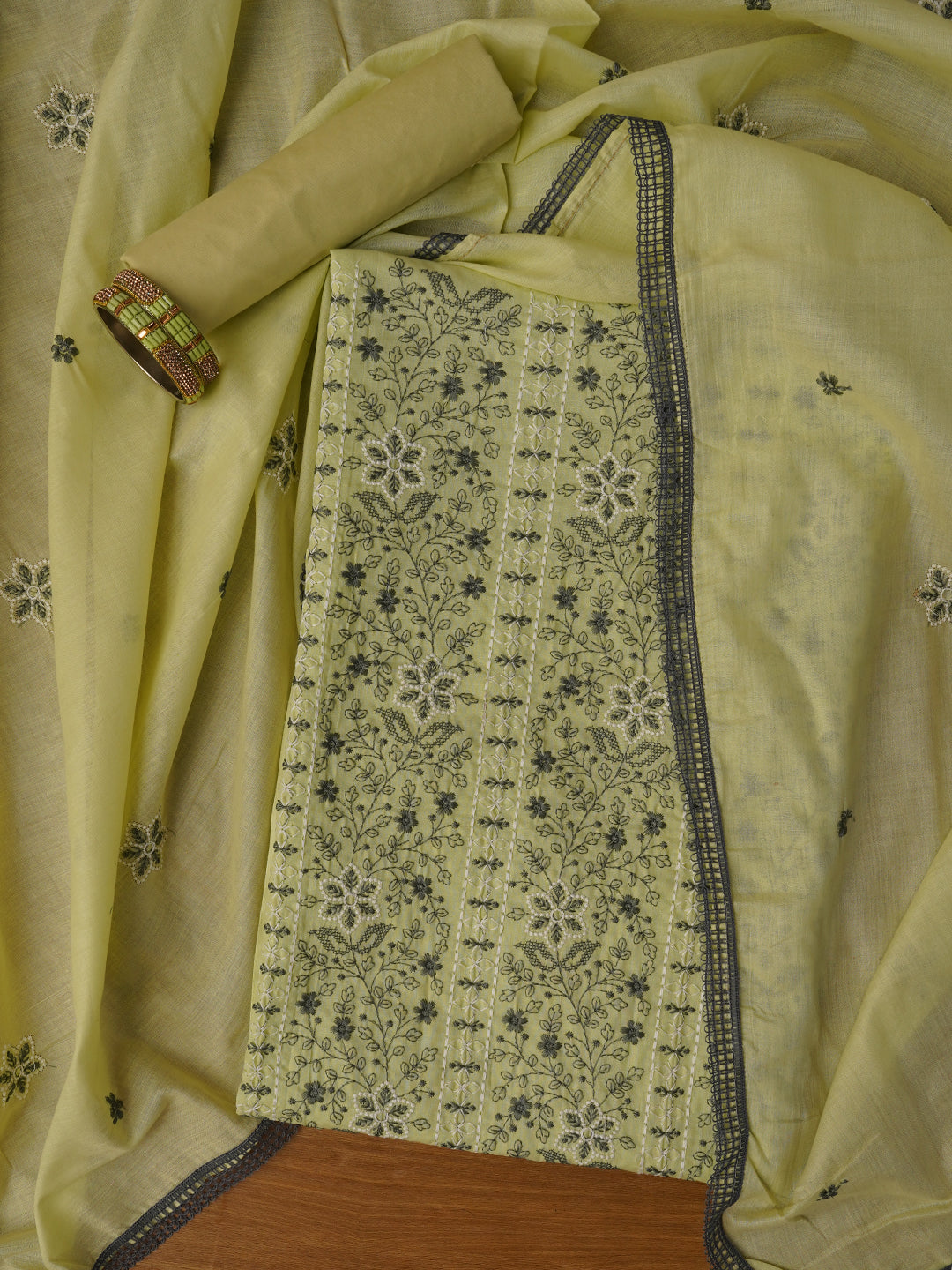 Light Green Unstitched Embroidered Pure Cotton Dress Material With Dupatta