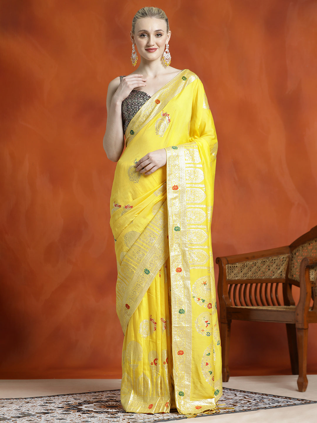 Heavy Banarasi Zari Woven Silk Blend Yellow Saree