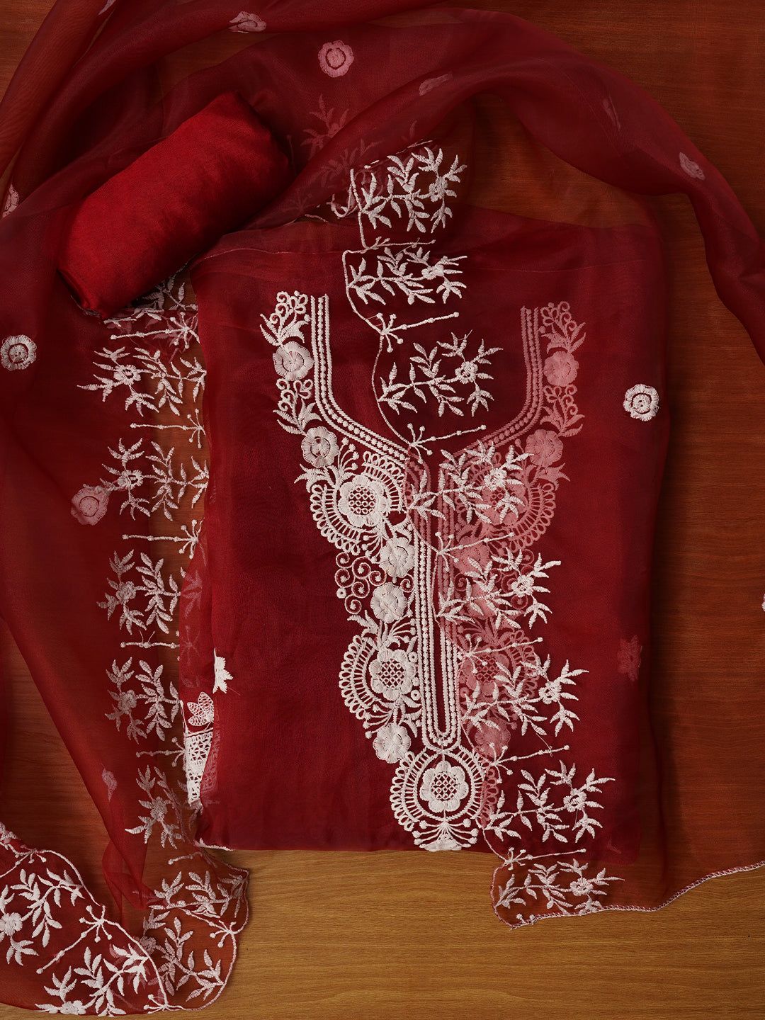 Red Thread Embroidered Organza Dress Material with Dupatta