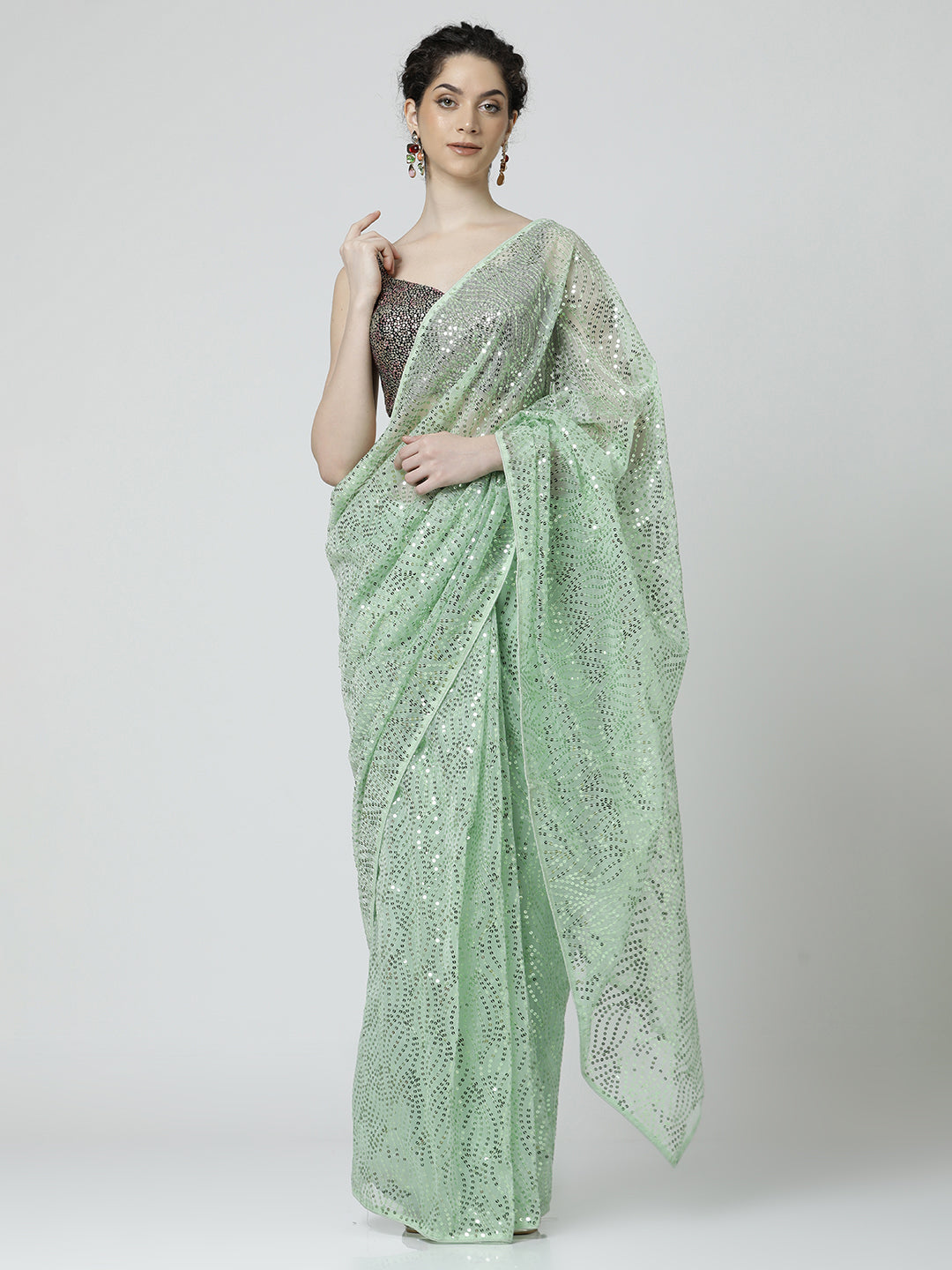 Light Green Sequin Embellished Georgette Saree