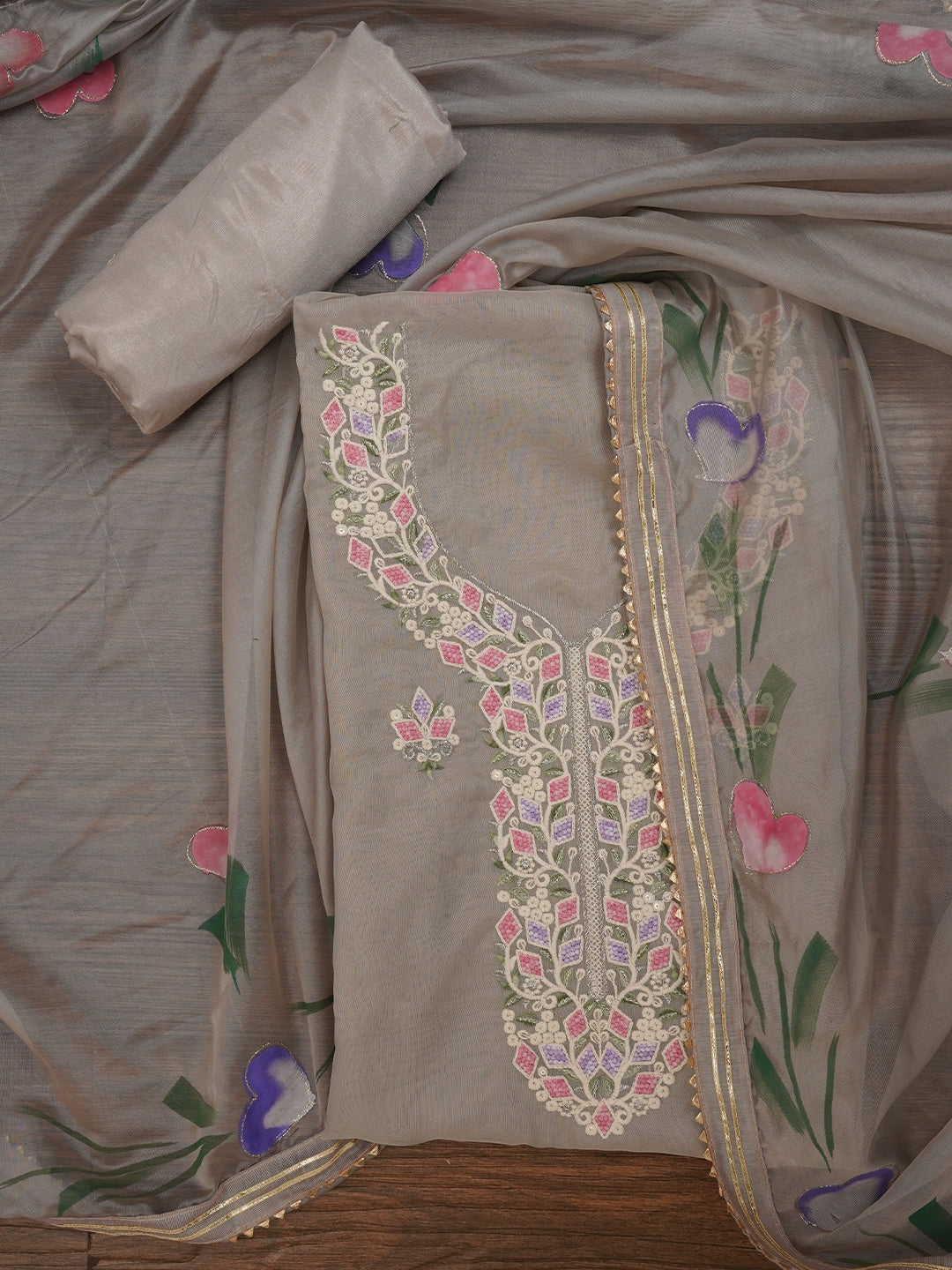 Handpainted Grey Embroidered Dress Material with Dupatta