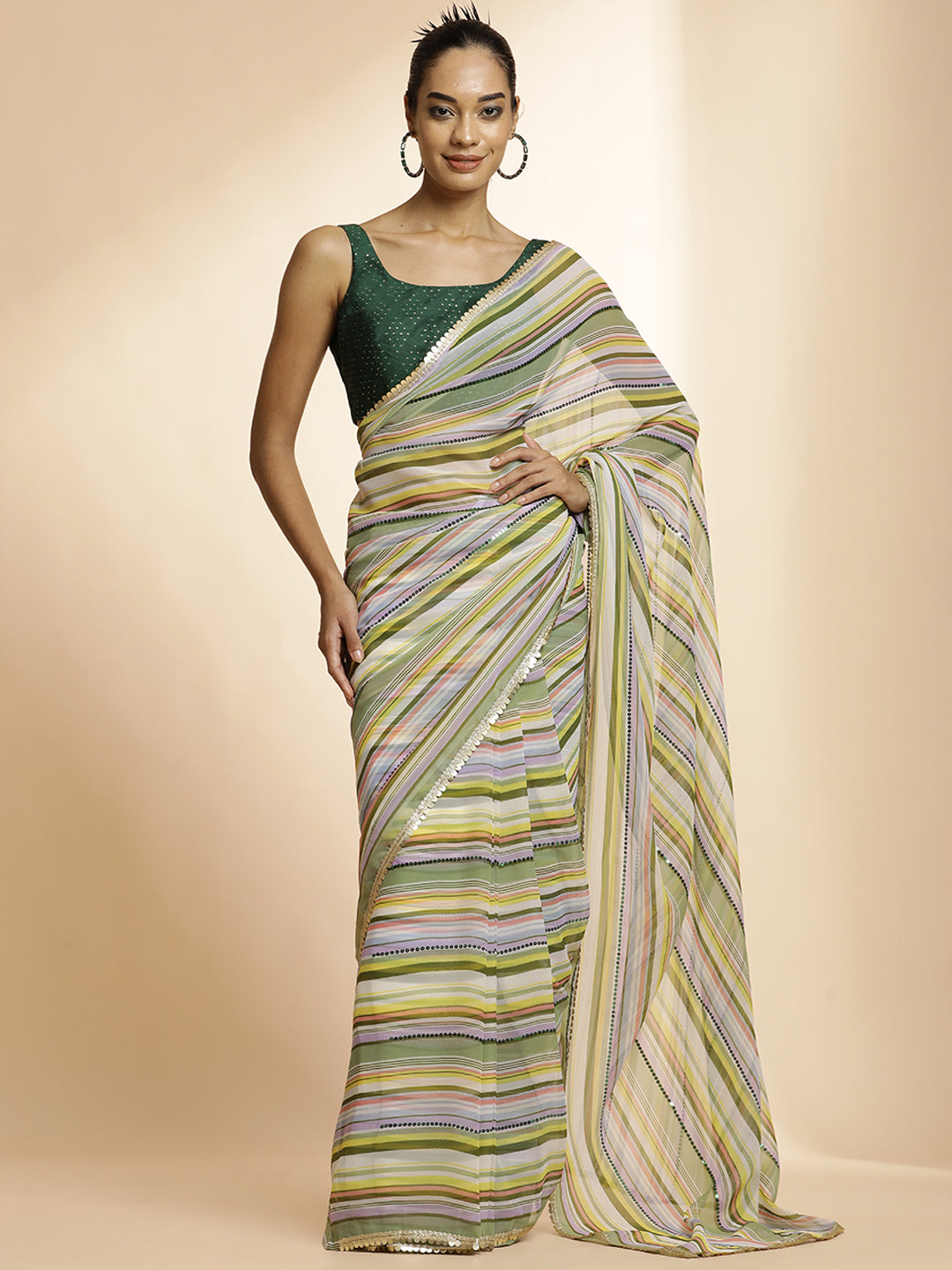 Olive Striped Sequin Embellished Festive Multicolor Saree