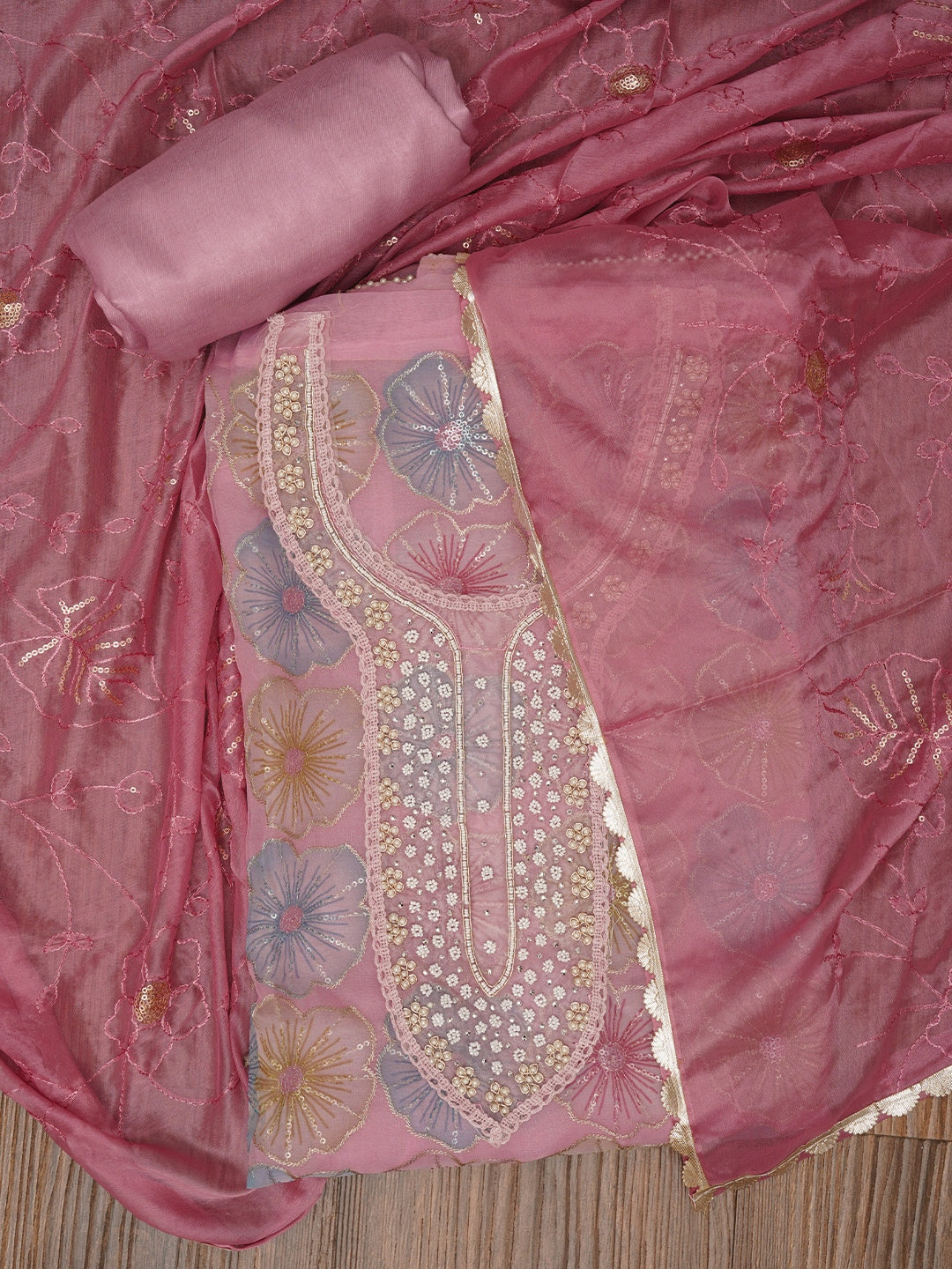 Pink Floral Sequin Embroidered Organza Dress Material with Dupatta