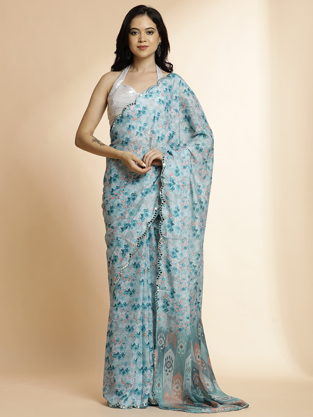 Tie-Dye Mirror Work Satin Grey Saree