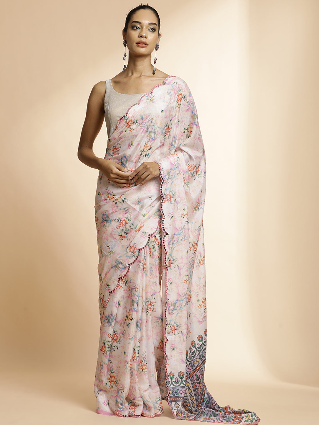 Off White Mirror Work Satin Floral Saree