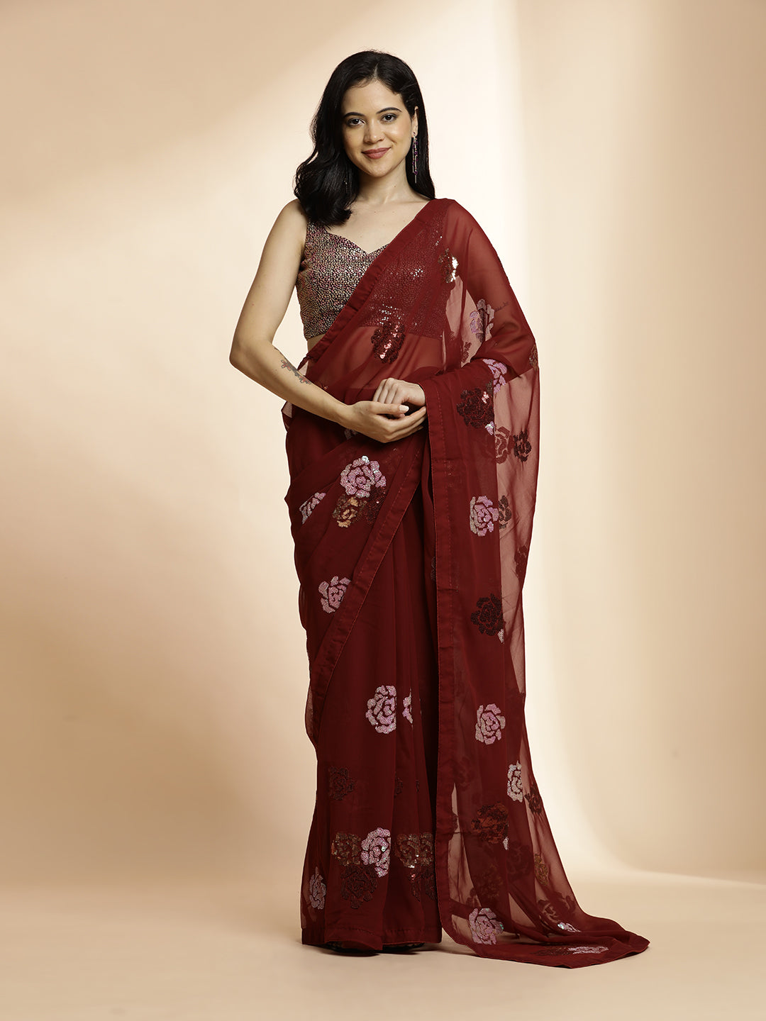 Maroon Sequin Embellished Georgette Heavy Saree