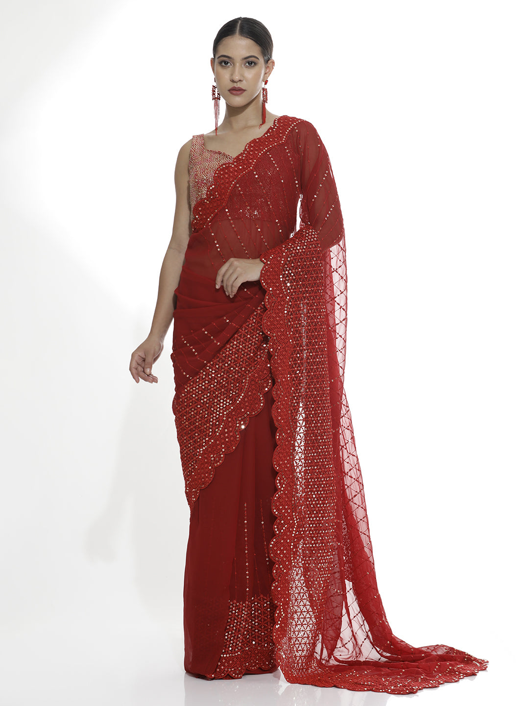 Party Wear Sequin Work Red Georgette Saree