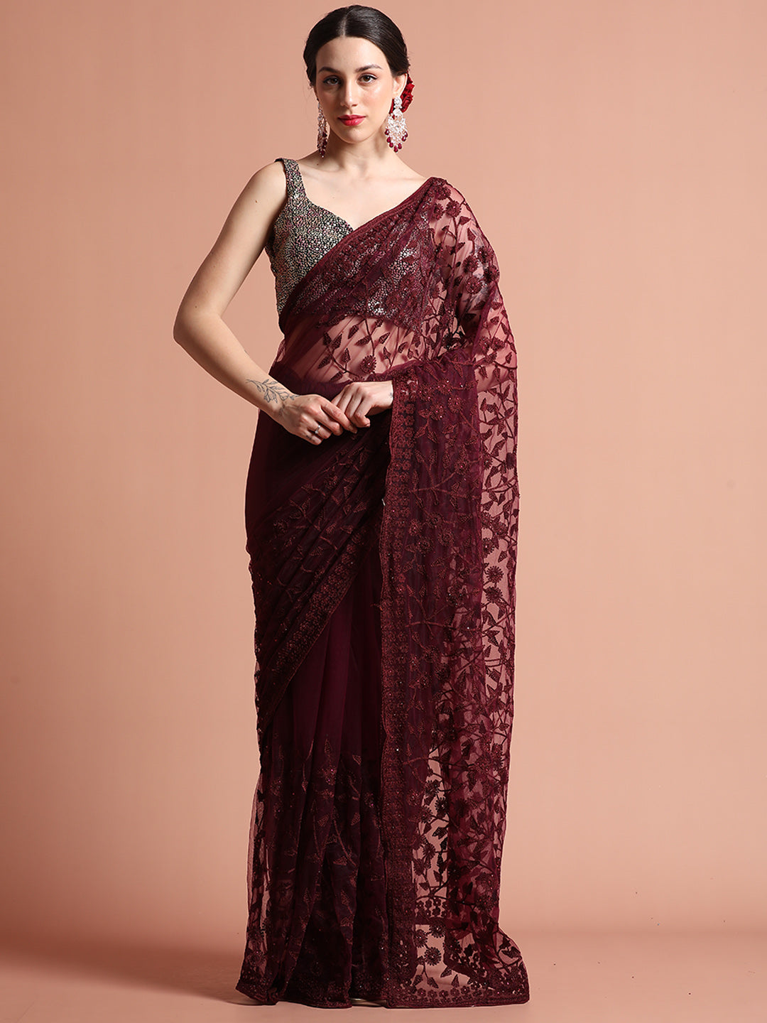 Party Wear Floral Embroidered Net Saree