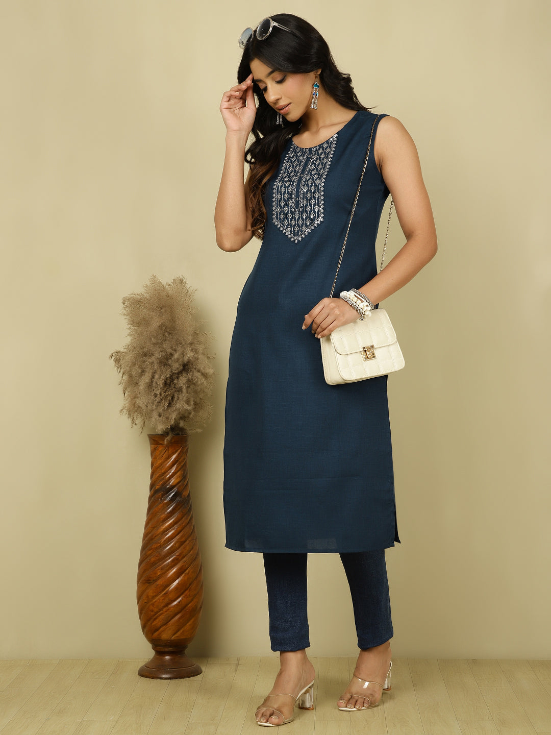 Teal Embroidered Sleeveless Kurta