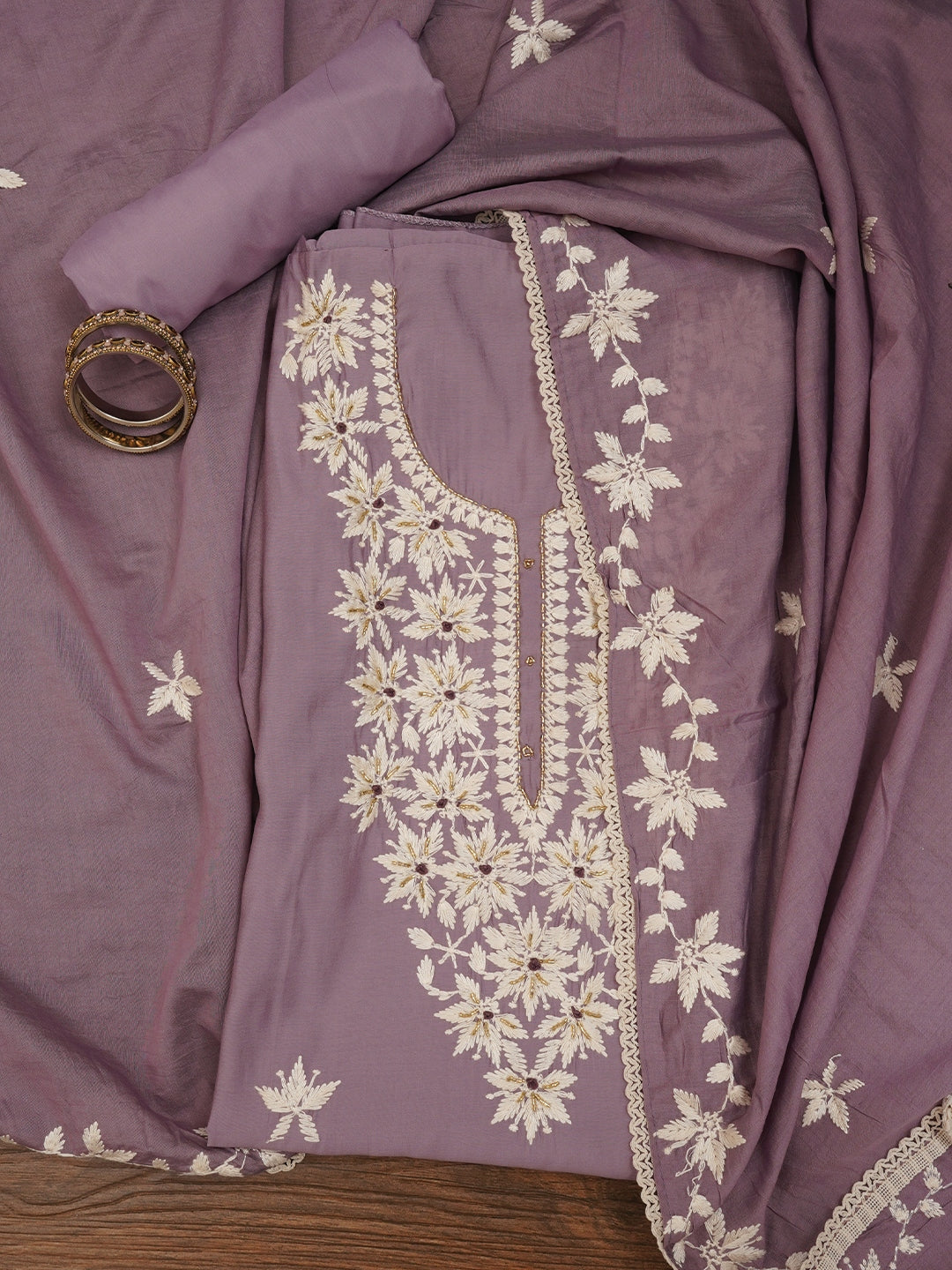 Lavender Unstitched Festive Embroidered Dress Material with Dupatta