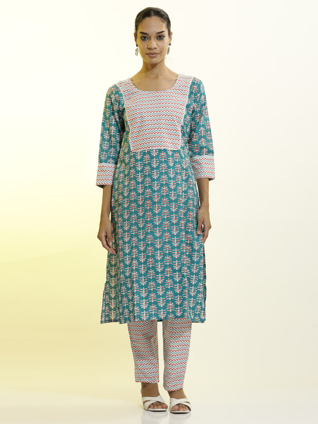 Teal Cotton Printed Straight Kurta Set